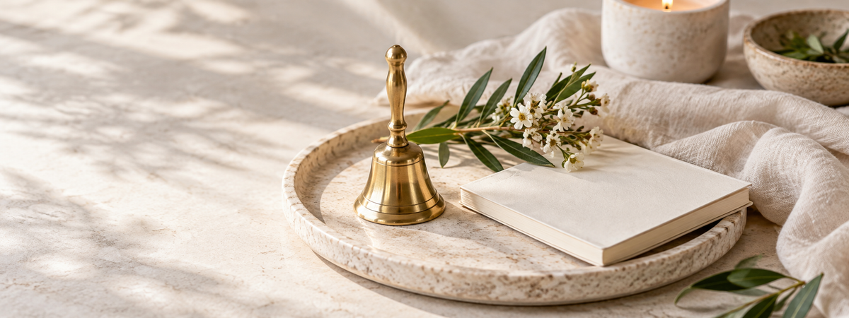 A small plain brass altar bell on a pale natural-stone tray beside a blank notebook and restrained botanical sprig.