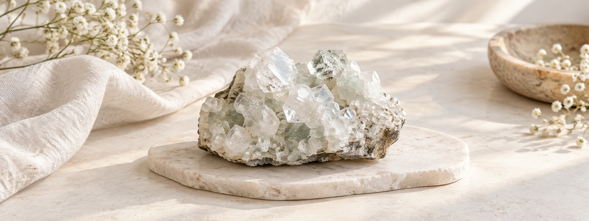 An apophyllite-inspired pale crystalline cluster with small transparent, square-looking points on a rough supporting matrix, displayed dry and securely on a low ivory surface.