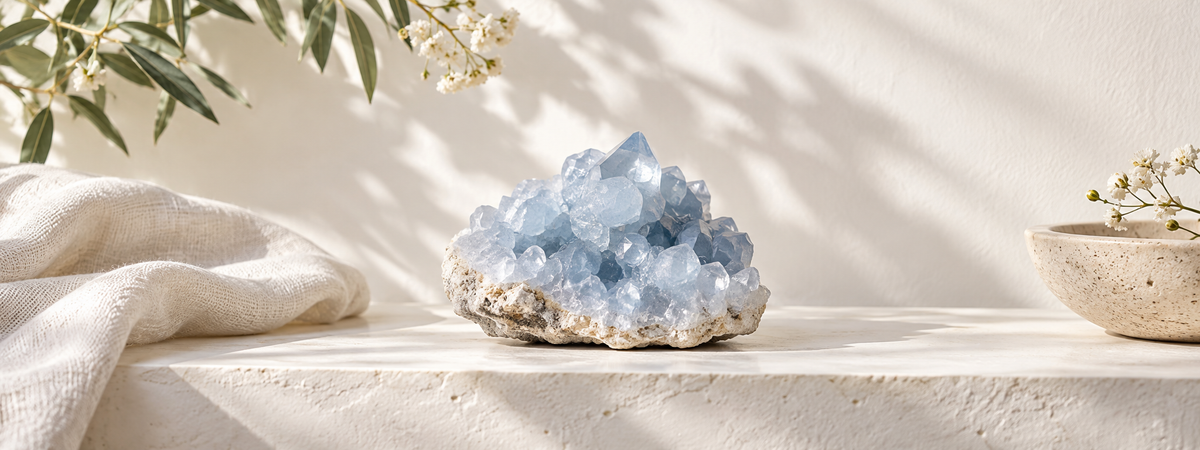 A delicate pale blue celestite cluster resting securely on its rough supporting base, on a simple ivory shelf with soft daylight.