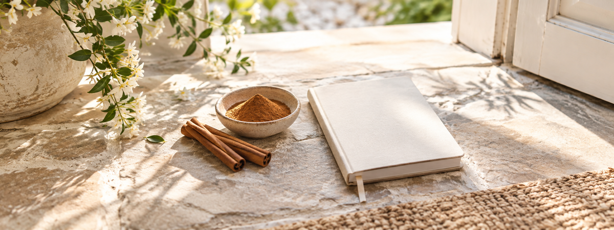 A small plain dish of ground cinnamon beside two cinnamon sticks and a blank intention journal in bright morning light near an open doorway.