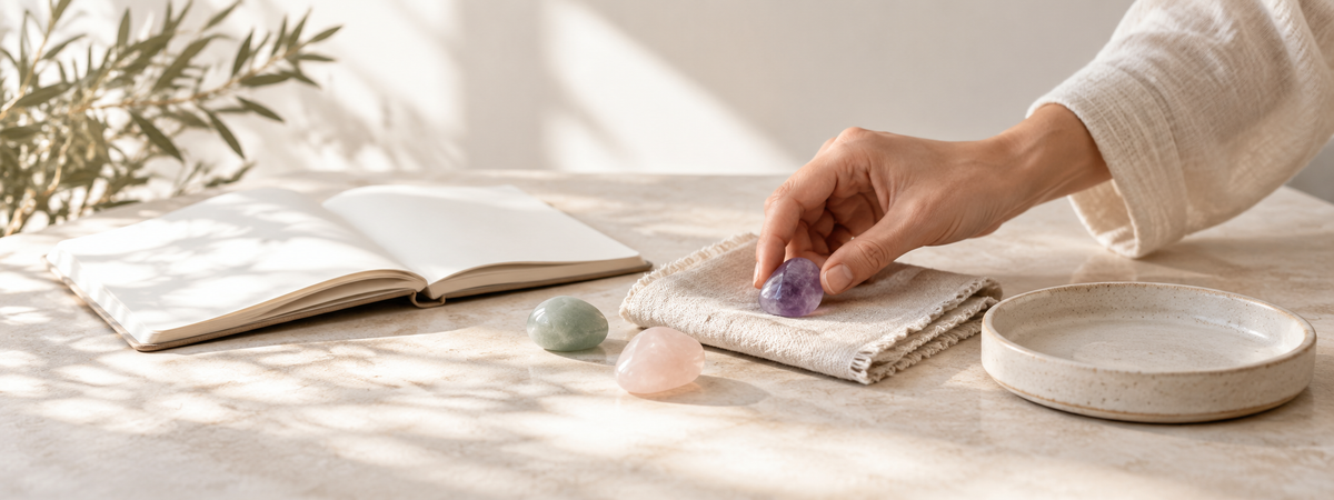 A thoughtful crystal intention ritual: three modest loose stones beside a blank open notebook and a small empty ceramic tray.