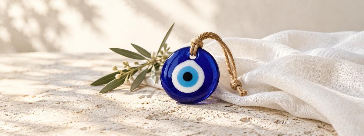 A single simple blue evil-eye charm displayed on pale natural stone beside a soft white cloth and small subtle botanical stem.