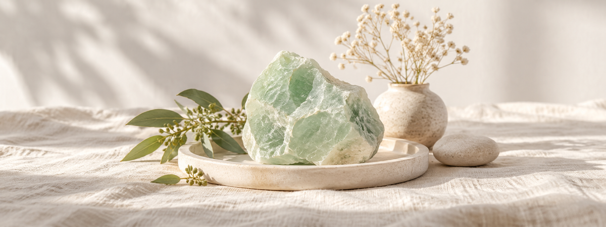 A soft green calcite-inspired mineral piece supported on dry pale linen with a modest ivory tray.