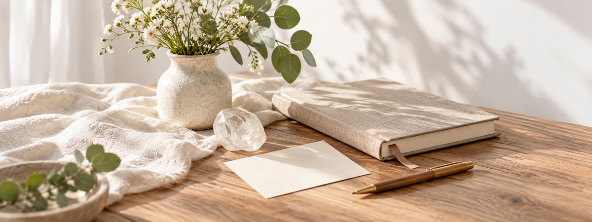 A personal crystal-intention scene with a small quartz piece beside a blank handwritten-note-sized card and a plain journal, soft daylight.