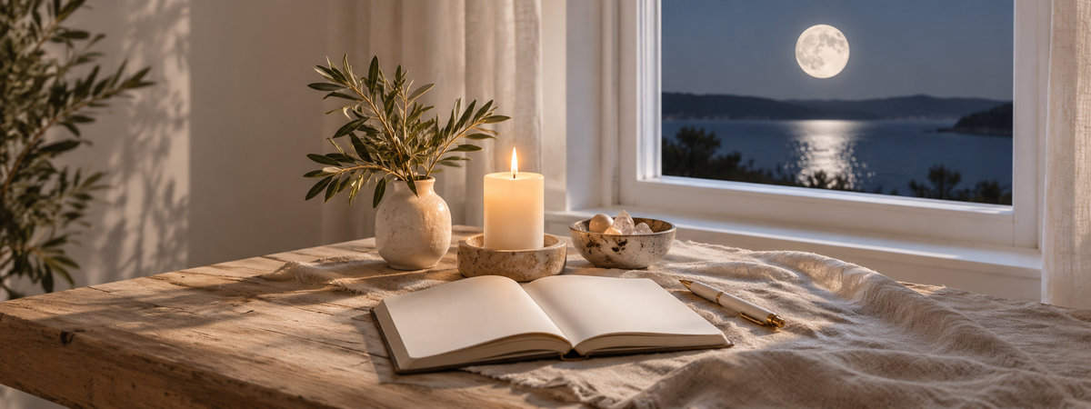 A bright, quiet moon-reflection setting: a blank journal, ivory candle in a stable holder and small stone bowl beside a pale window through which the moon is visible.