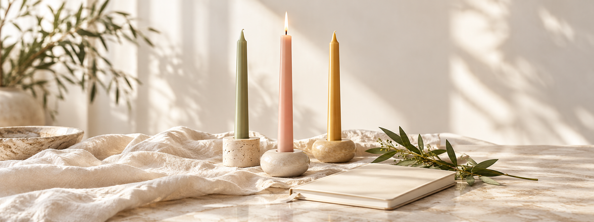 Coloured taper candles in simple holders beside a blank journal on sunlit ivory linen.