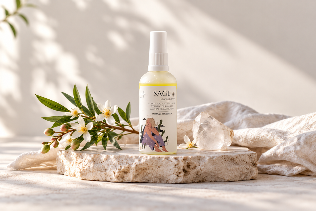 Sage Cleansing Mist bottle on pale stone beside white flowers, clear quartz and linen.
