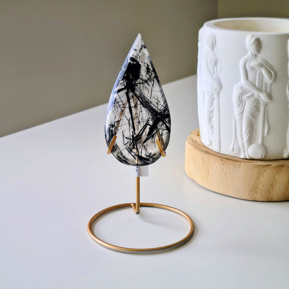Tourmalinated Quartz Tear-drop on stand | A | Appx 8.8 cm long | 40 g