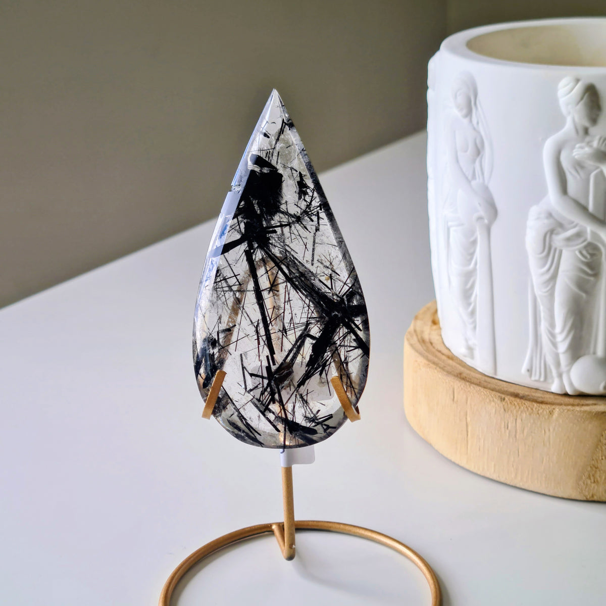 Tourmalinated Quartz Tear-drop on stand | A | Appx 8.8 cm long | 40 g