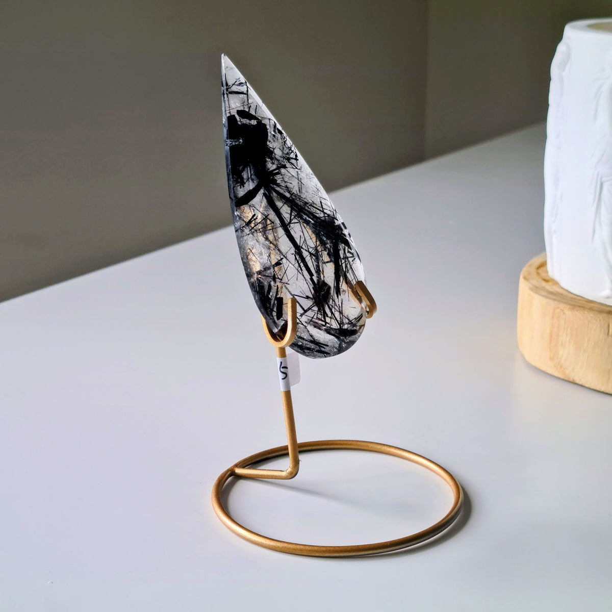 Tourmalinated Quartz Tear-drop on stand | A | Appx 8.8 cm long | 40 g
