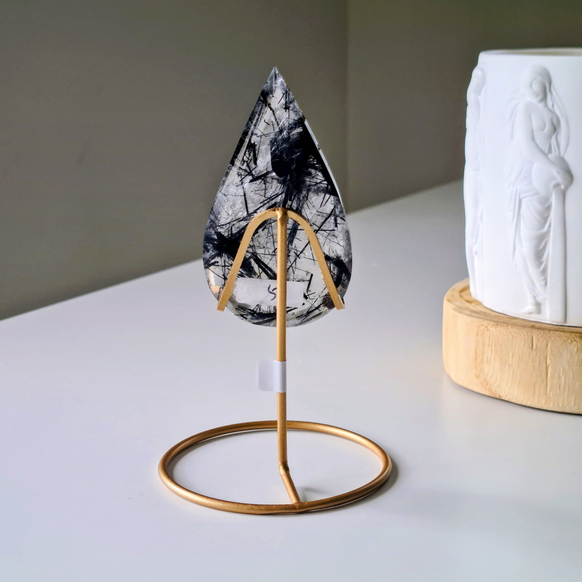 Tourmalinated Quartz Tear-drop on stand | A | Appx 8.8 cm long | 40 g