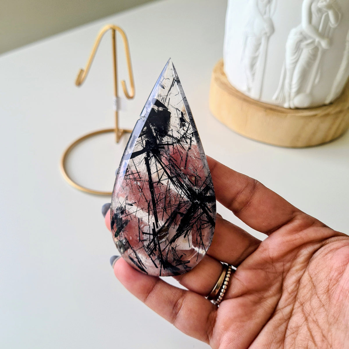 Tourmalinated Quartz Tear-drop on stand | A | Appx 8.8 cm long | 40 g
