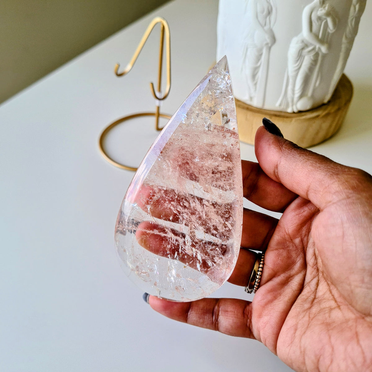 Pink fire quartz Tear-drop on stand | B | Appx 10.5 cm | 100 g