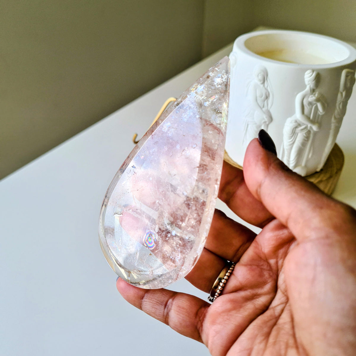Pink fire quartz Tear-drop on stand | B | Appx 10.5 cm | 100 g