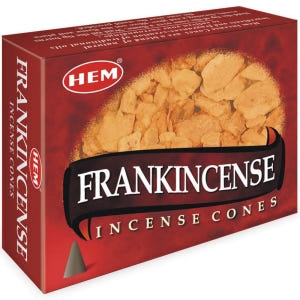 Red HEM Frankincense incense cone box with a golden resin illustration.