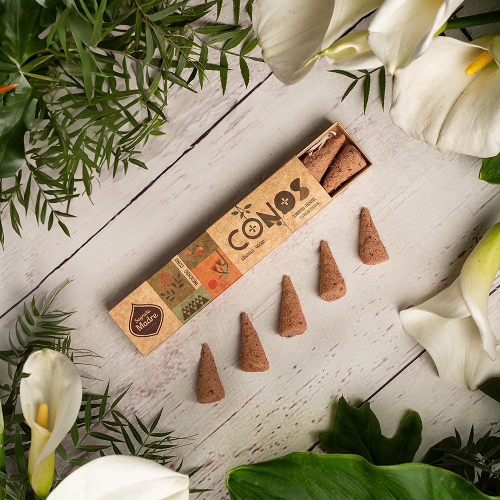 Large brown Sandal and Yagra incense cones displayed beside their box.