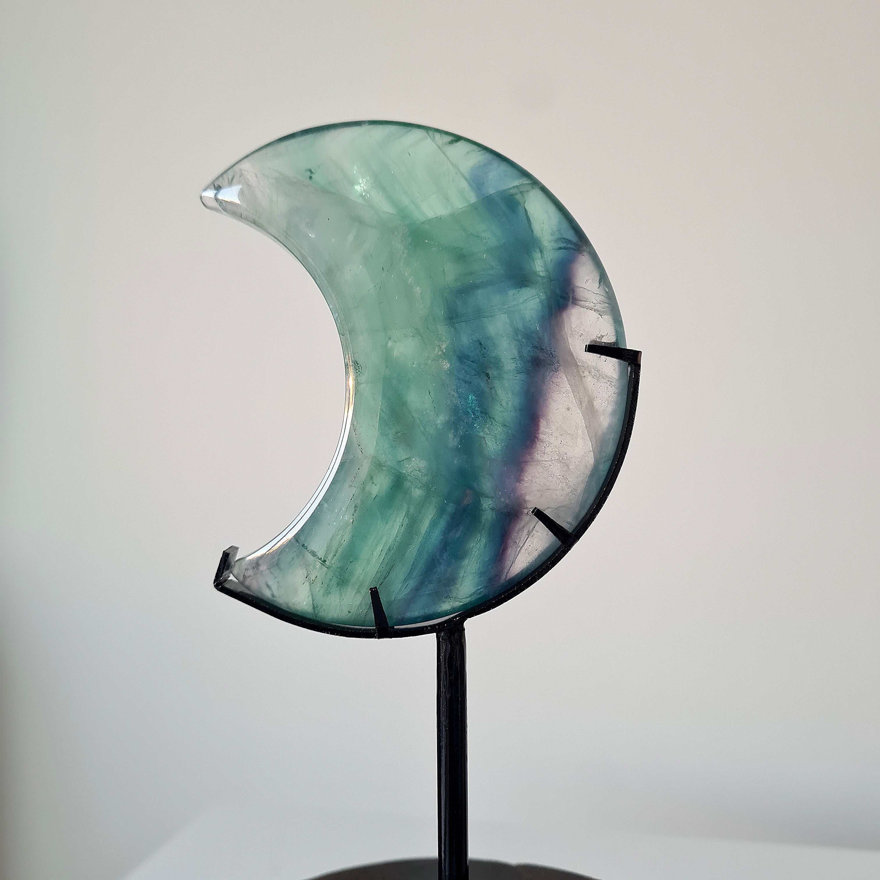 Milky Lane Fluorite Crescent Moon π Carving on Stand | D