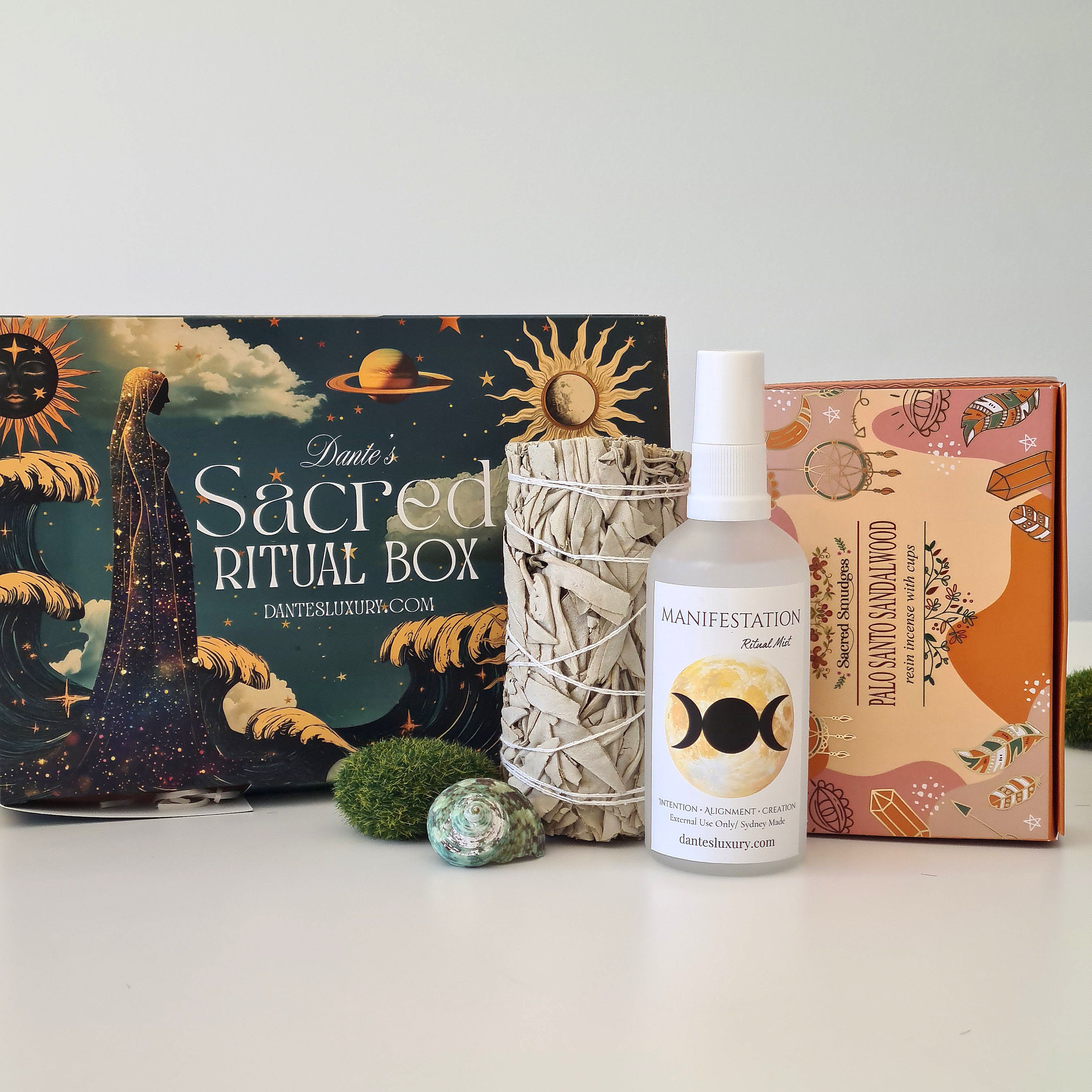 Manifestation Ritual Kit | Sage, Palo Santo Sandalwood Smudge Cup & Manifest Mist