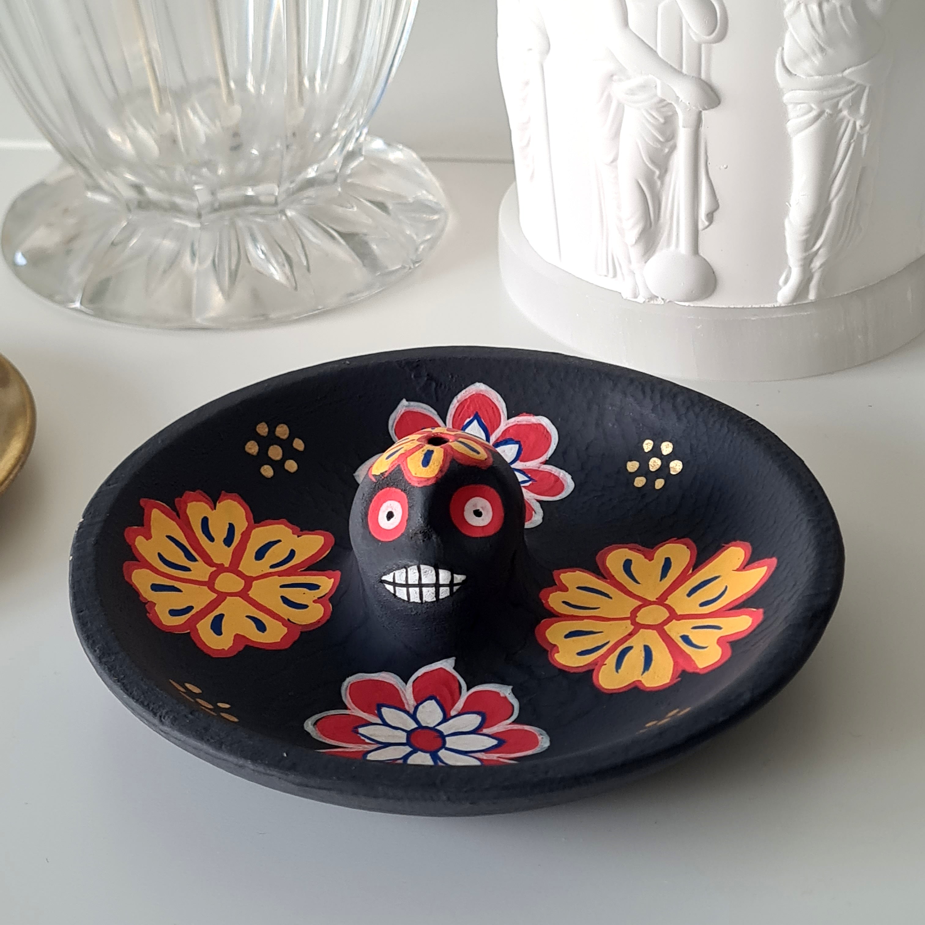 Terracotta Skull Incense Burner – Hand Painted Floral Design (3cm x 13cm)