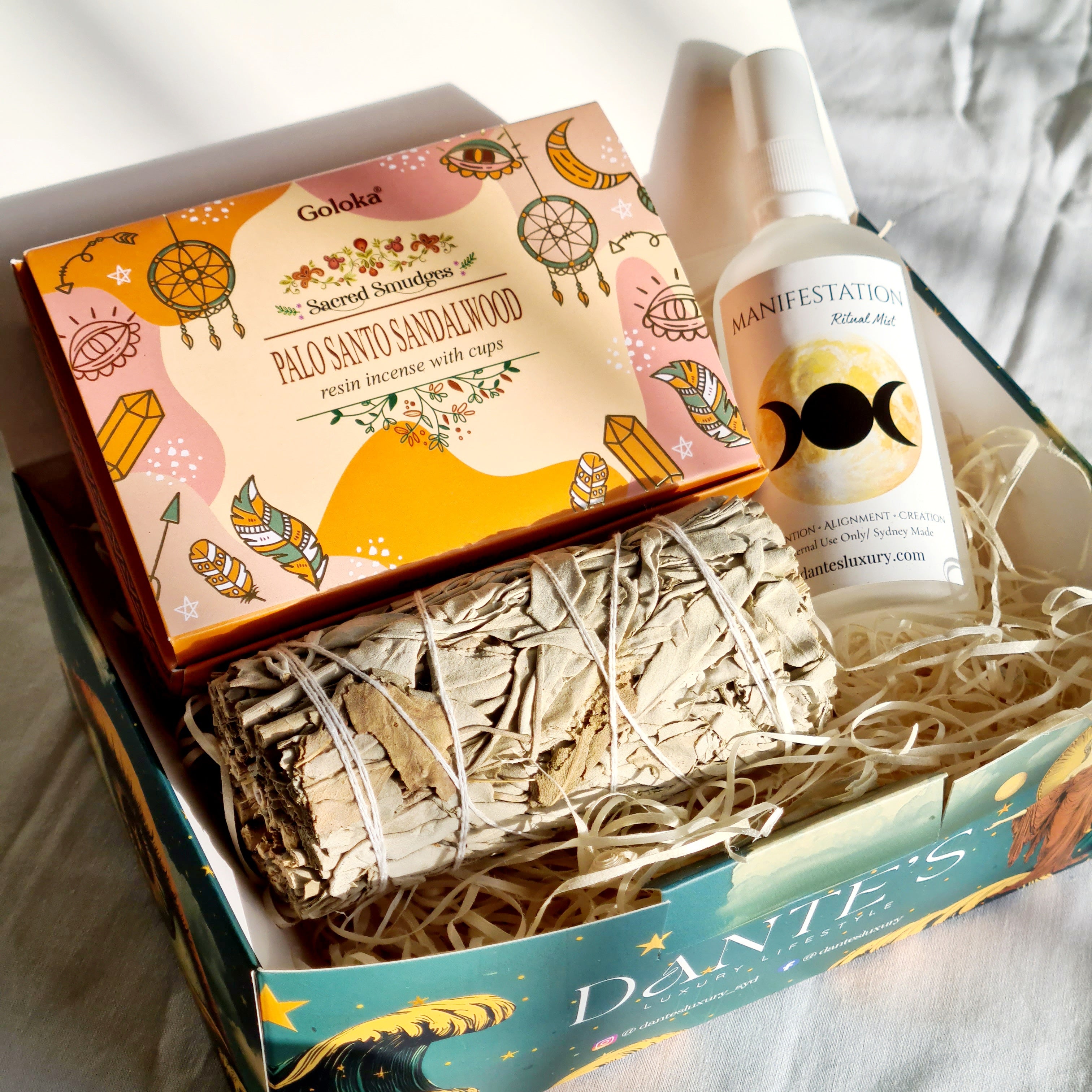 Manifestation Ritual Kit | Sage, Palo Santo Sandalwood Smudge Cup & Manifest Mist