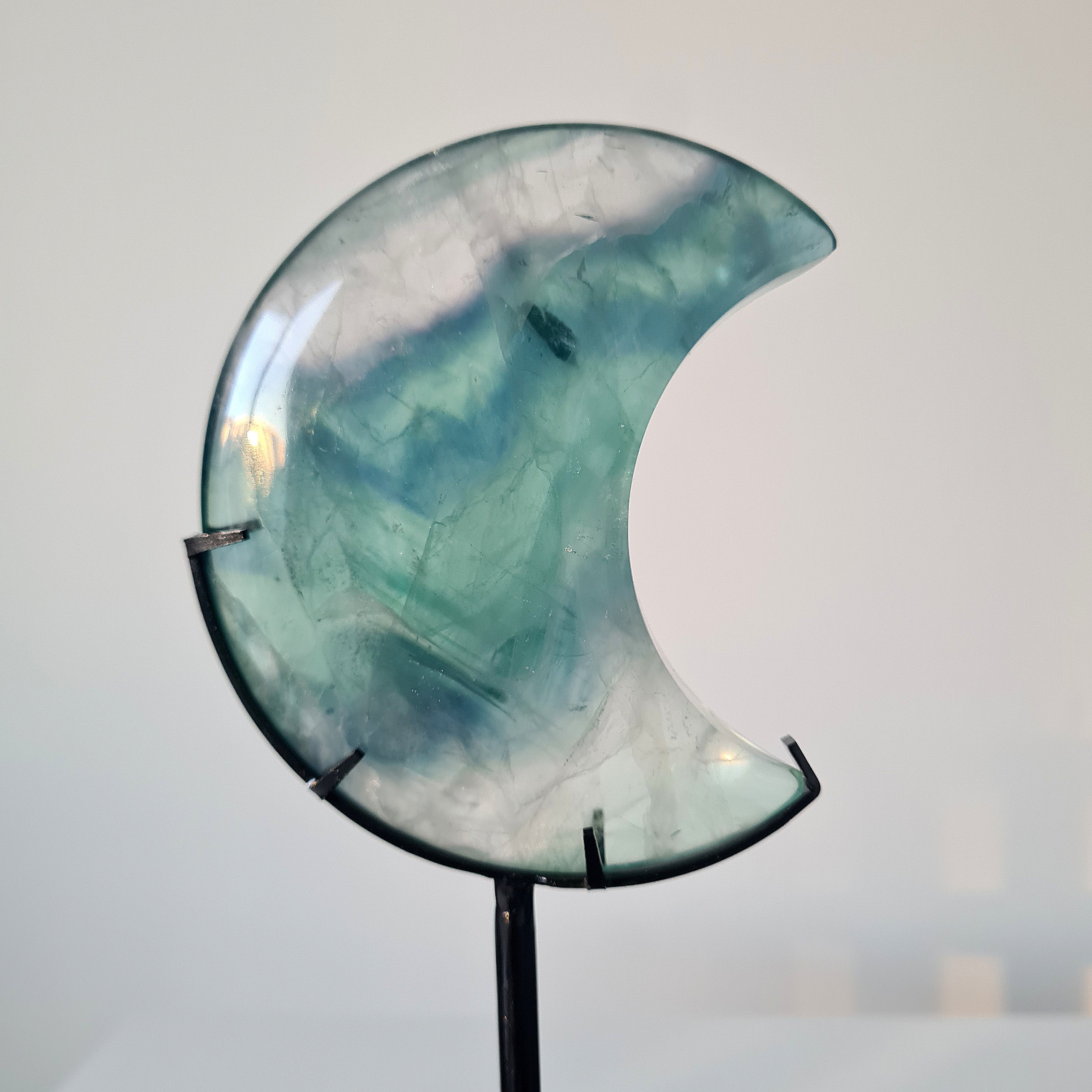 Milky Lane Fluorite Crescent Moon π Carving on Stand | A