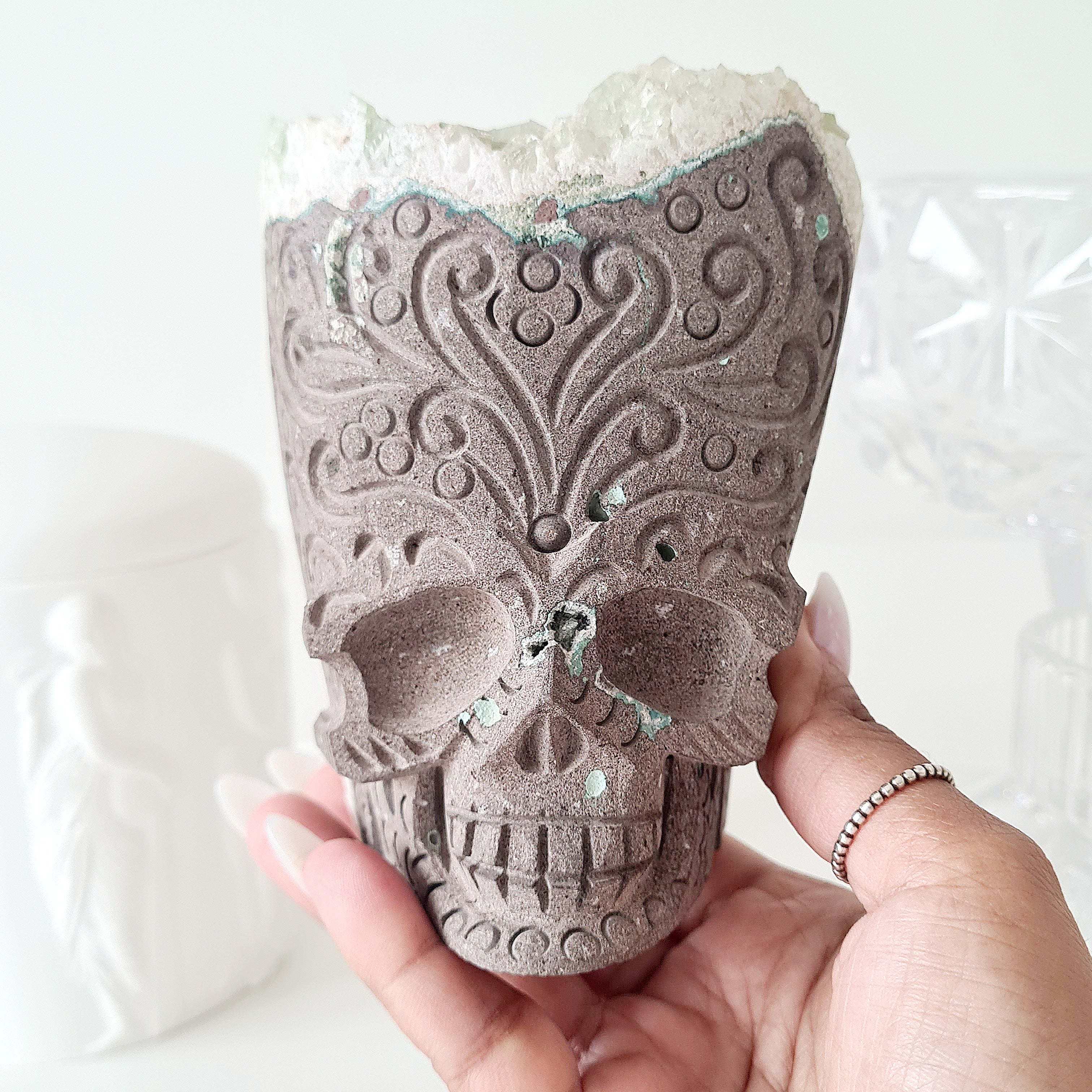 Skull Carving with Apophyllite & Stilbite inclusion