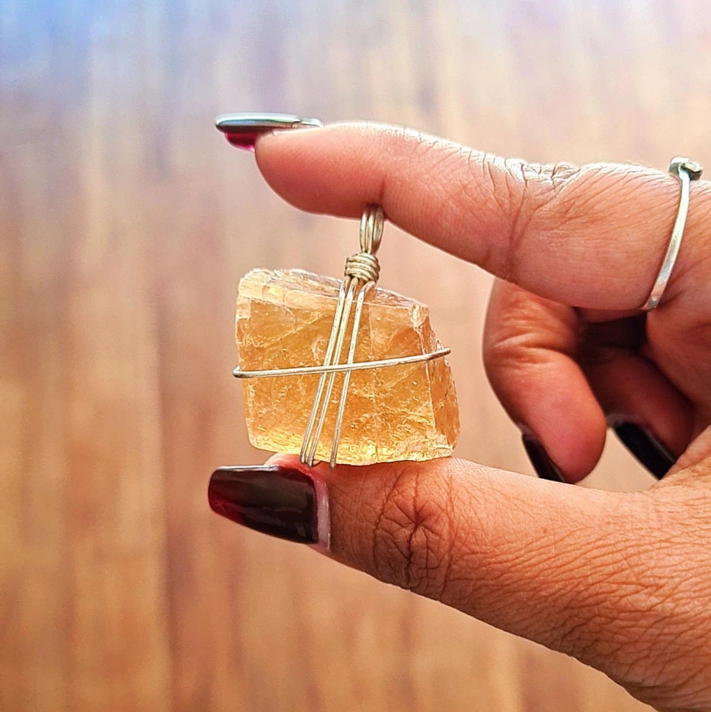 Honey calcite Pendant | Silver Colour Wire