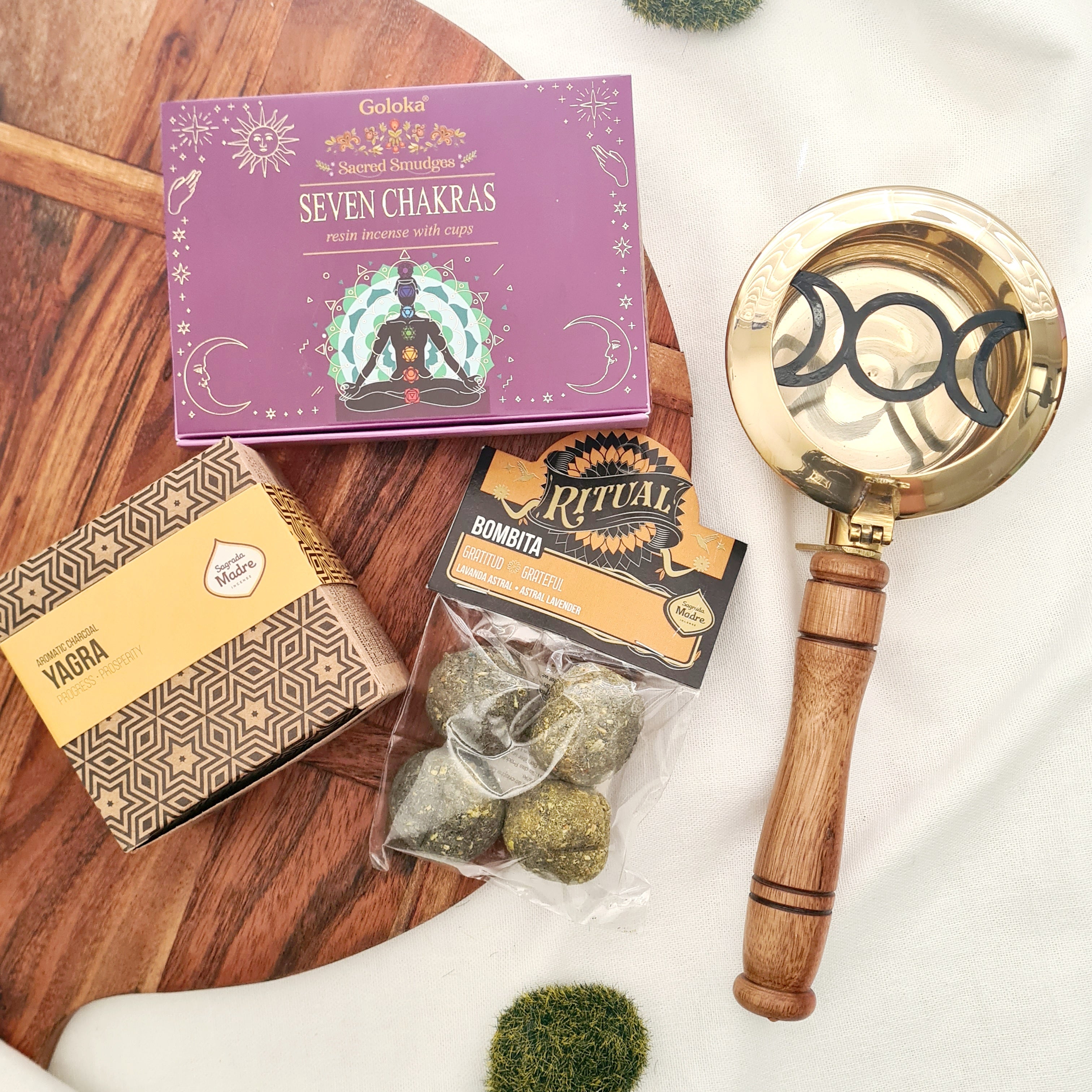 Triple Moon Ritual Kit – Chakra Cleansing, Gratitude Bombitas, Yagra Bomba & Brass Burner Set