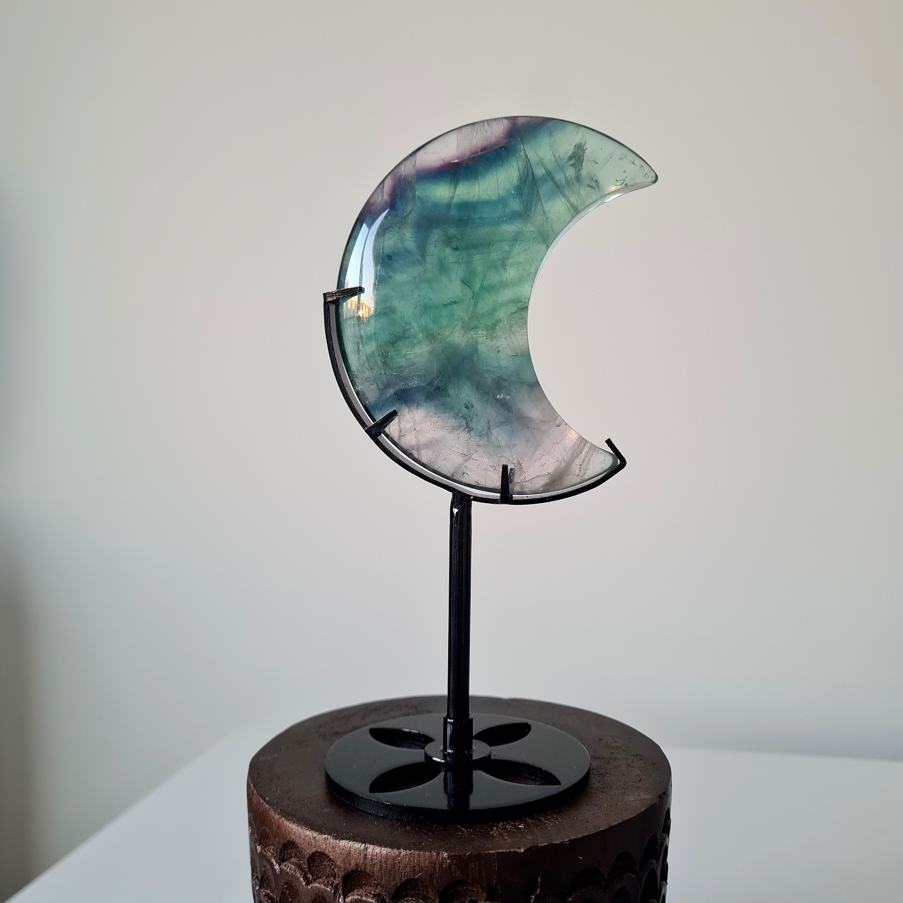 Milky Lane Fluorite Crescent Moon π Carving on Stand | E