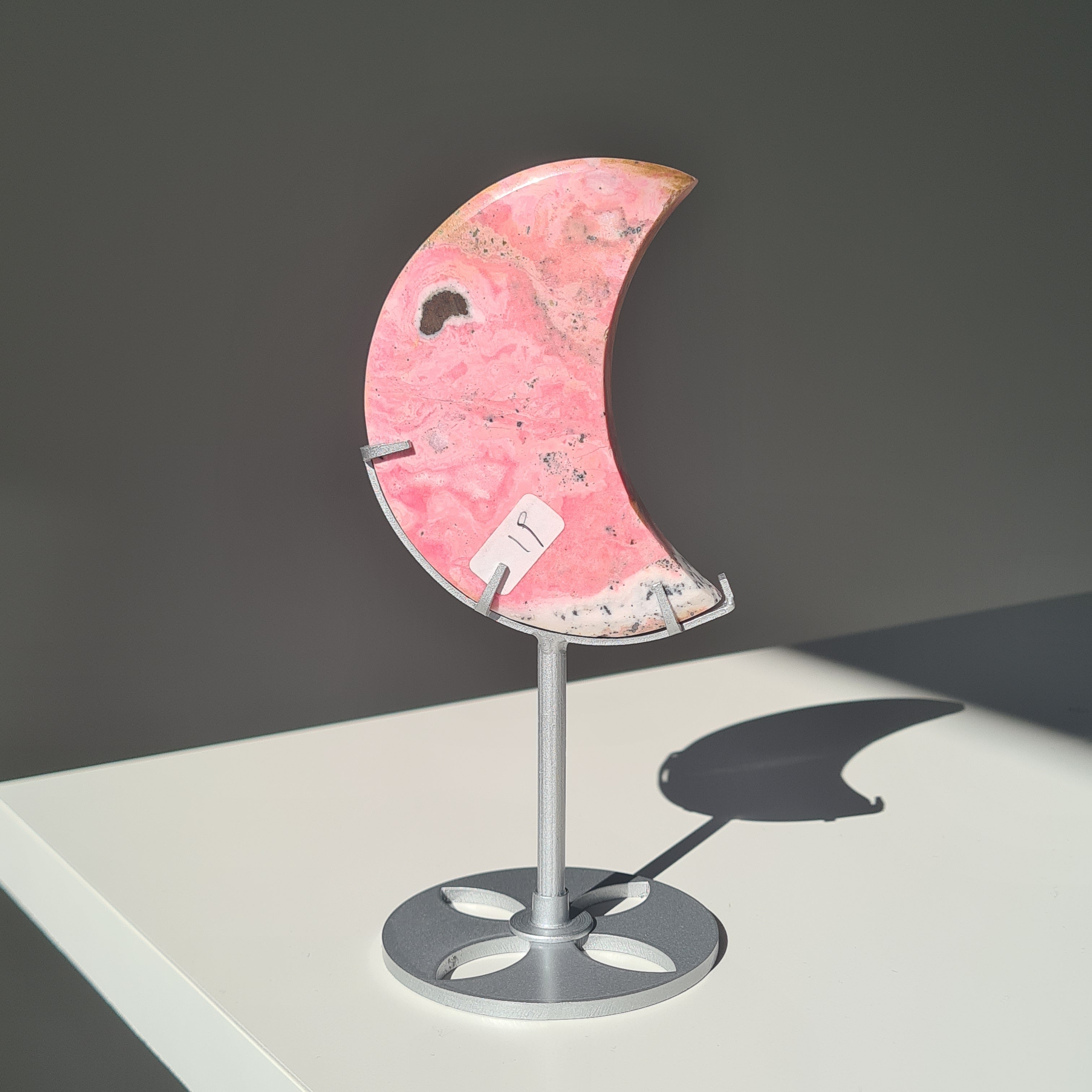 Peruvian Rhodonite Moon Carving On Stand | A | 9 cm Moon