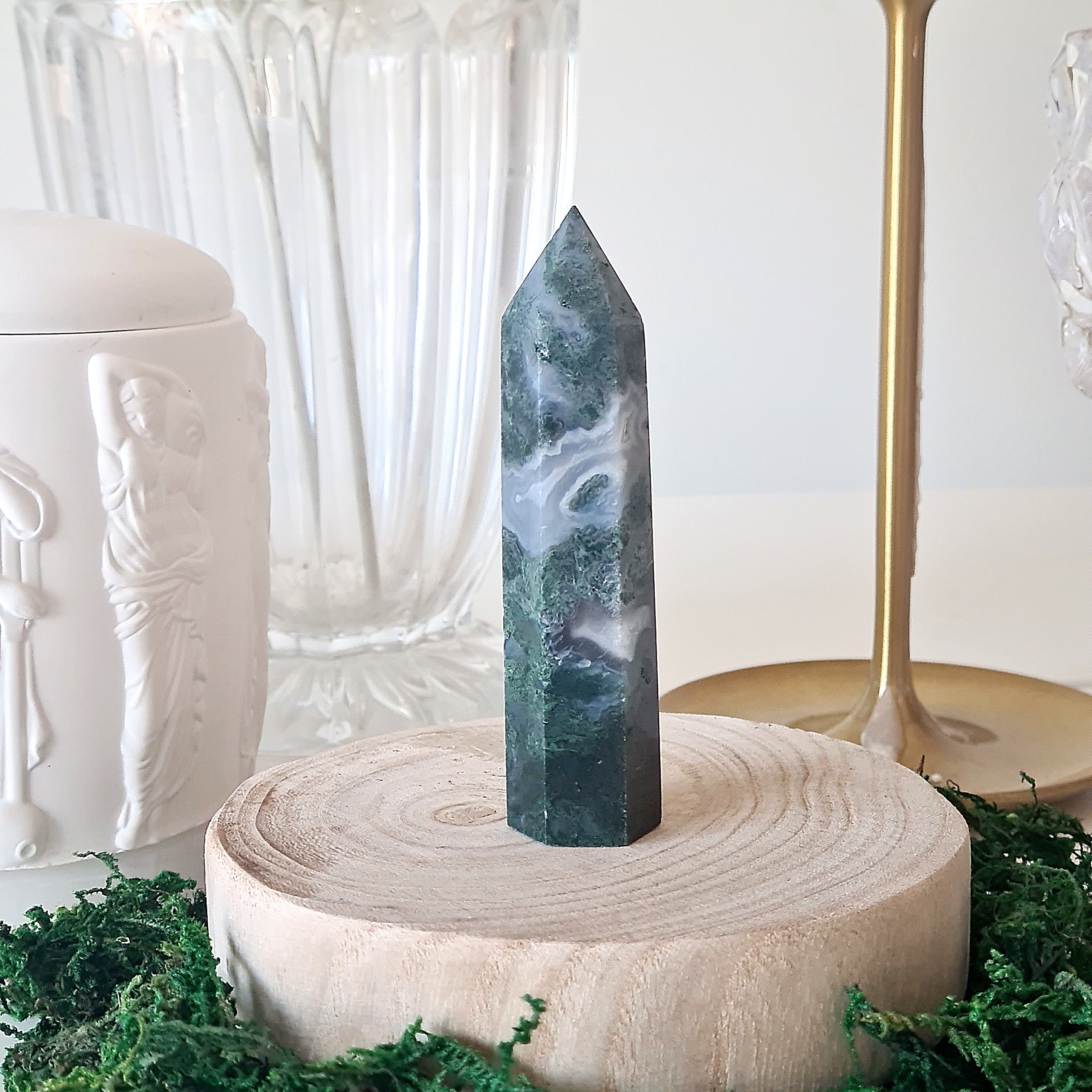 Moss Agate Crystal Point | Small | H