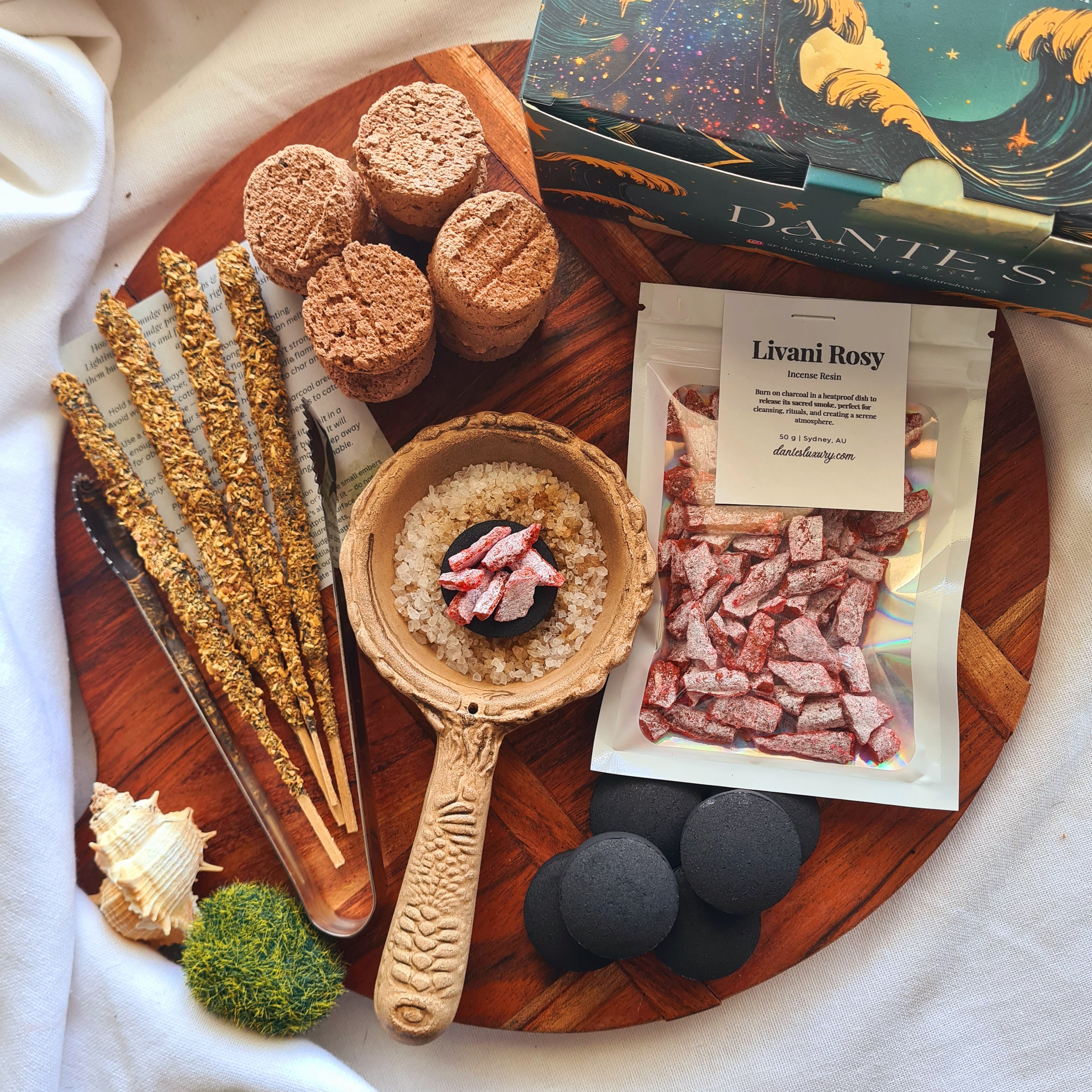 Bless Me Home Ritual Kit | Burner, Frankincense Bombas, Livani Rosy Resin, Tong & Palo Santo Sandalwood Incense