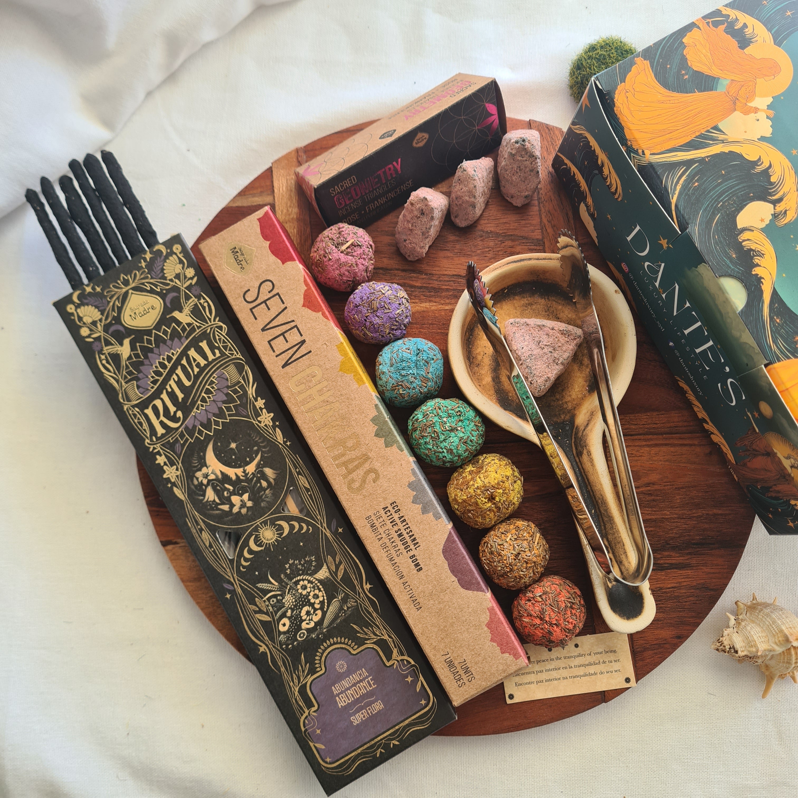 Chakra Abundance Ritual Kit – Handmade Burner, Smudge Bombs, Rose Incense Triangle, Abundance Incense & Metal Tong