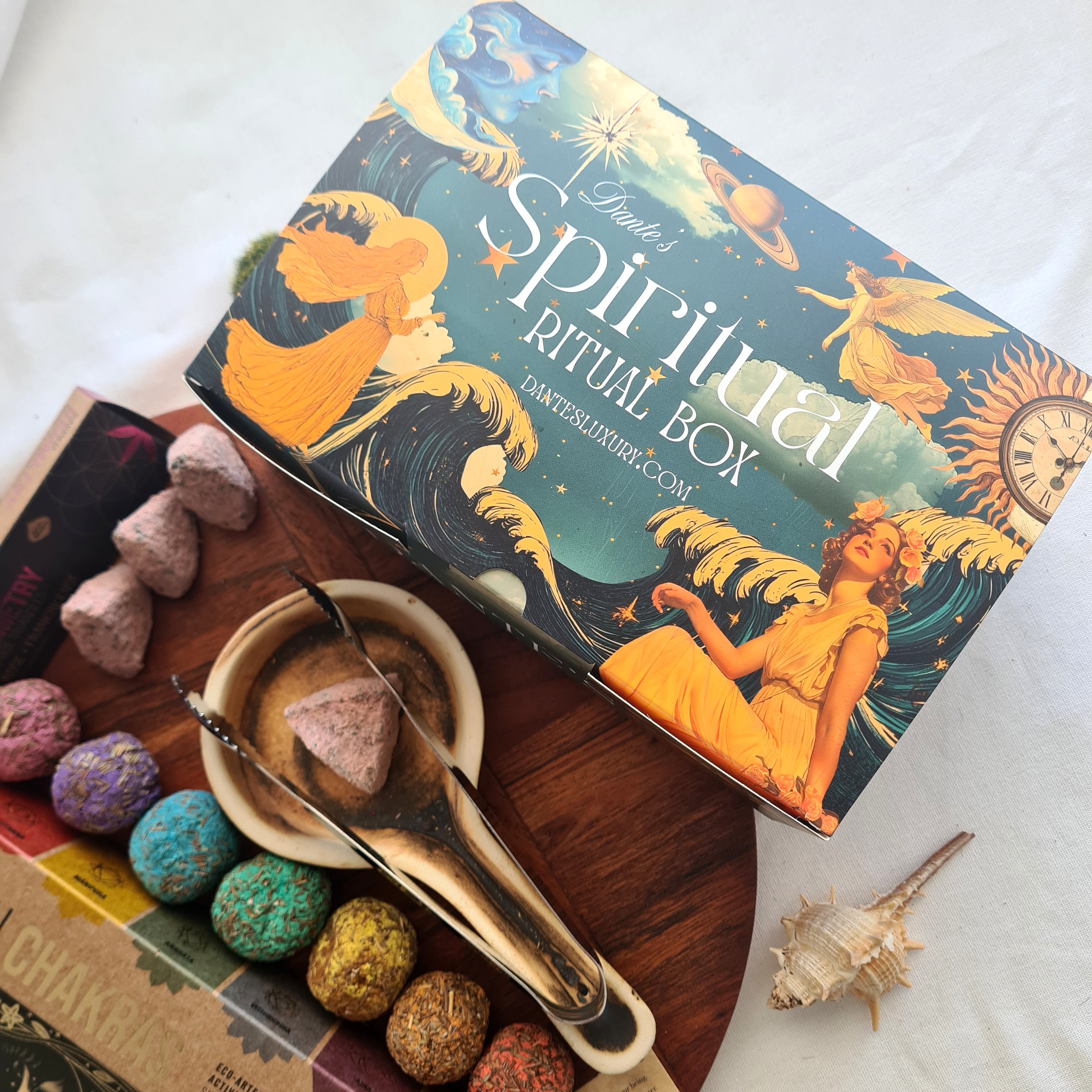 Chakra Abundance Ritual Kit – Handmade Burner, Smudge Bombs, Rose Incense Triangle, Abundance Incense & Metal Tong