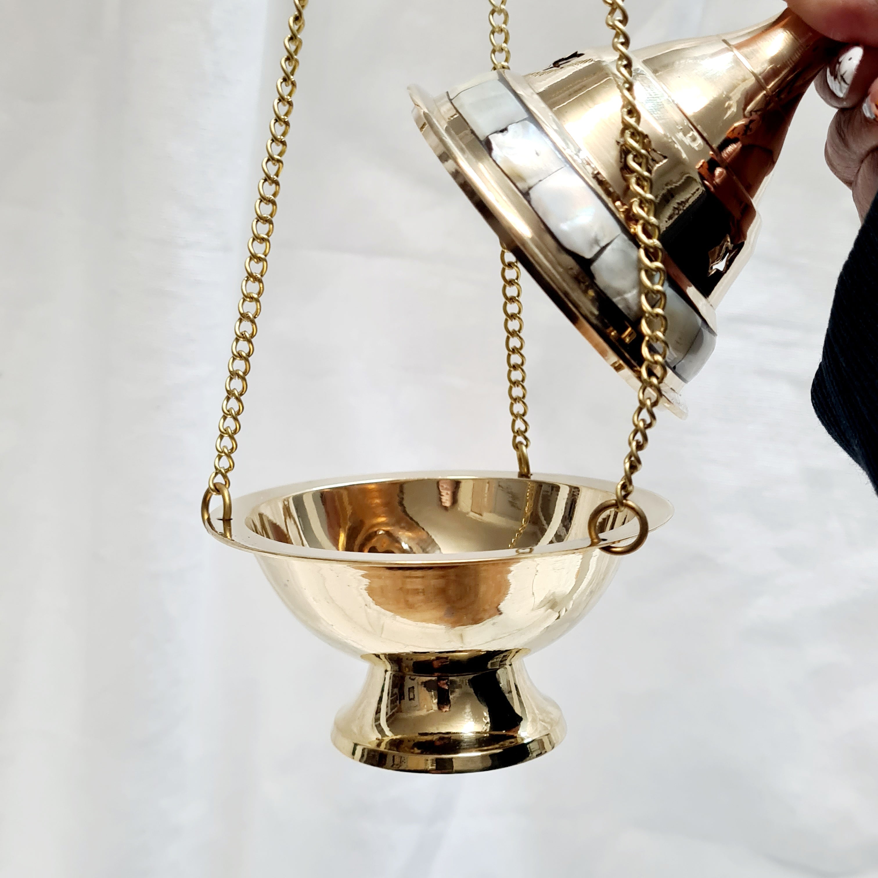 BRASS INCENSE BURNER - Hanging with Mother of Pearl