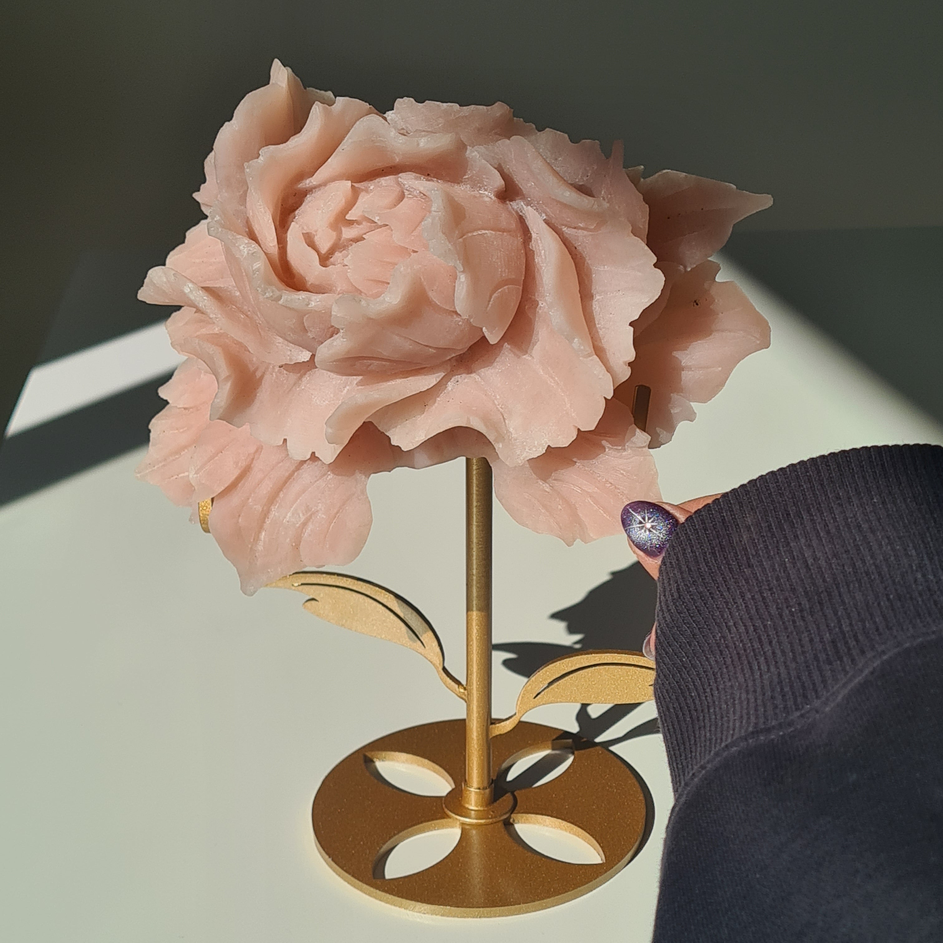 Pink Opal Crystal Flower Carving frosted finish on stand