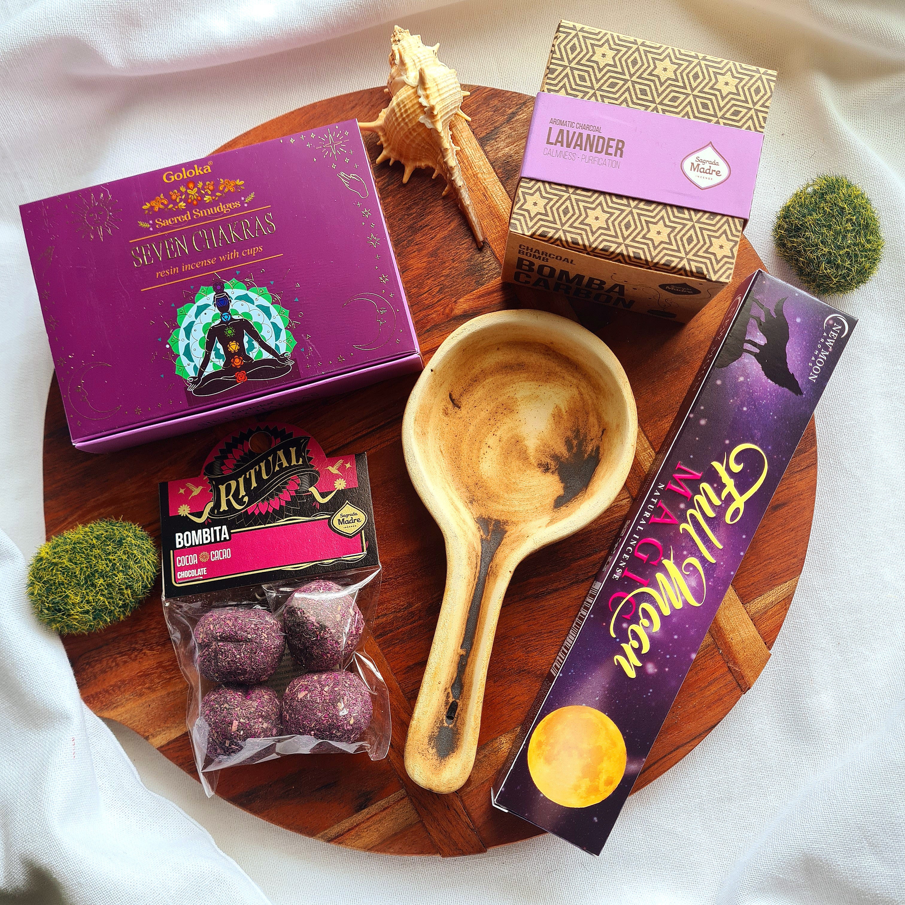 Ritual Kit – Chakra Smudge Cups, Burner, Cacao Bombitas, Lavender Bombas & Full Moon Incense Sticks