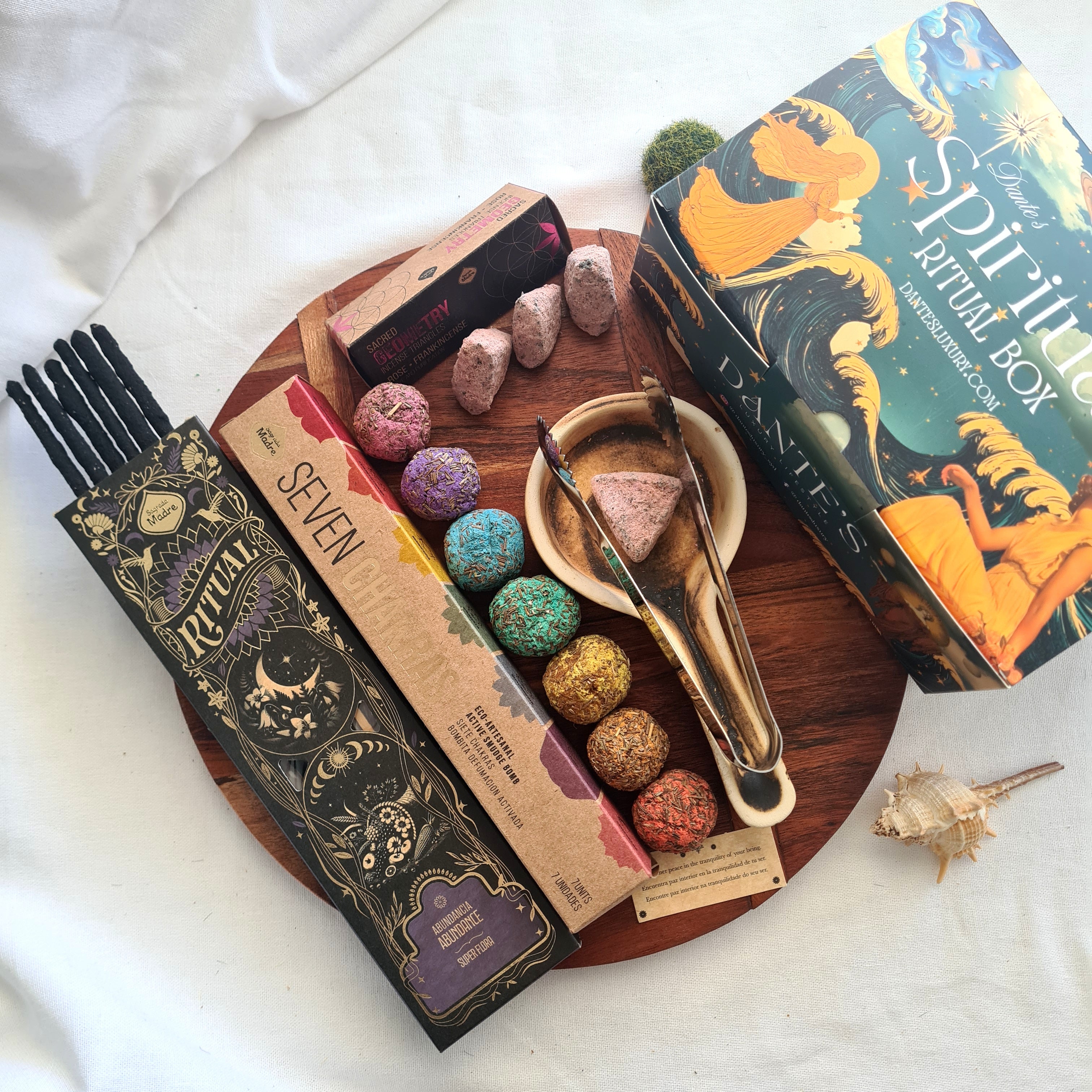 Chakra Abundance Ritual Kit – Handmade Burner, Smudge Bombs, Rose Incense Triangle, Abundance Incense & Metal Tong