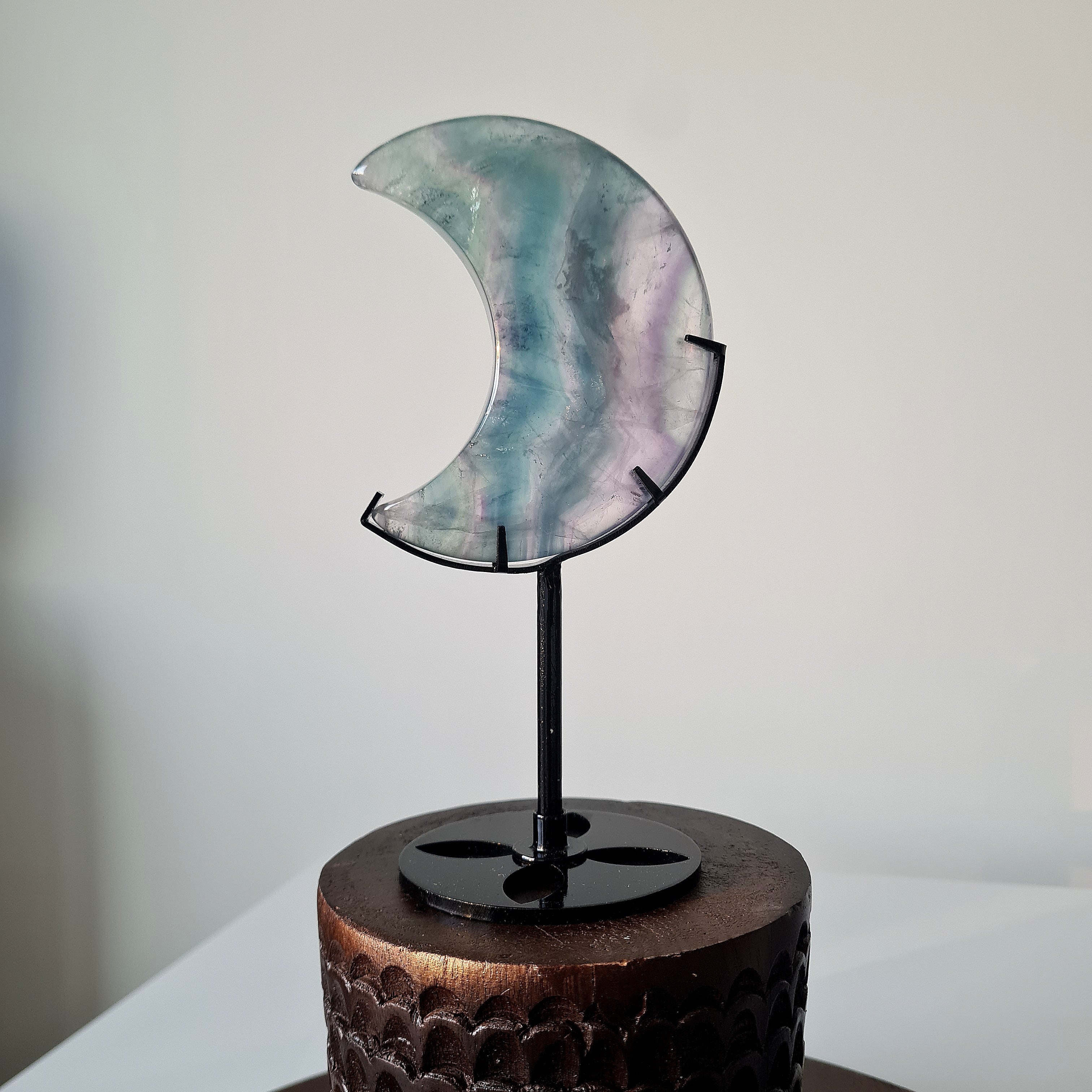 Milky Lane Fluorite Crescent Moon π Carving on Stand | B