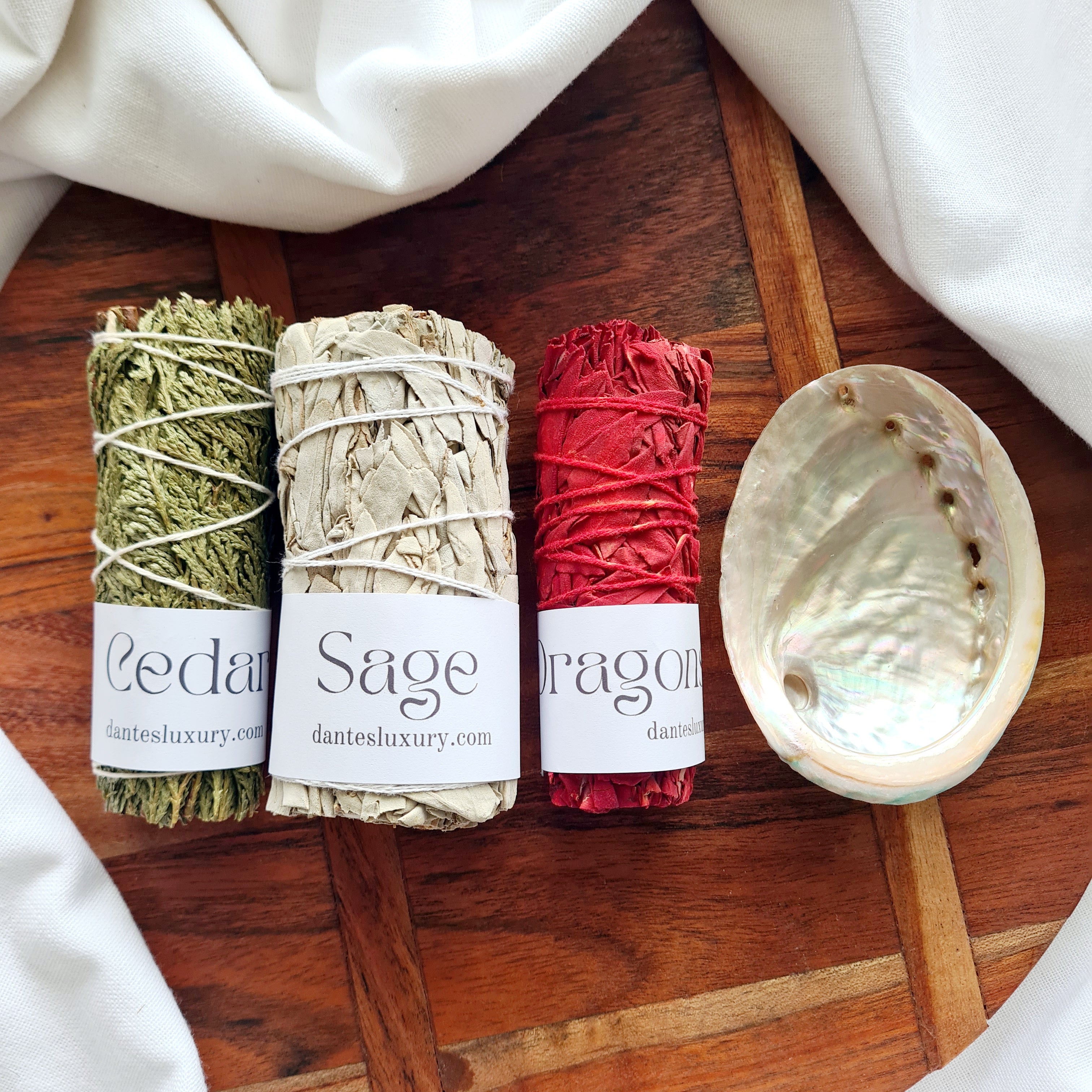 Spiritual Smudging Bundle with Abalone Shell, Sage, Cedar & Dragon’s Blood Smudge Stick
