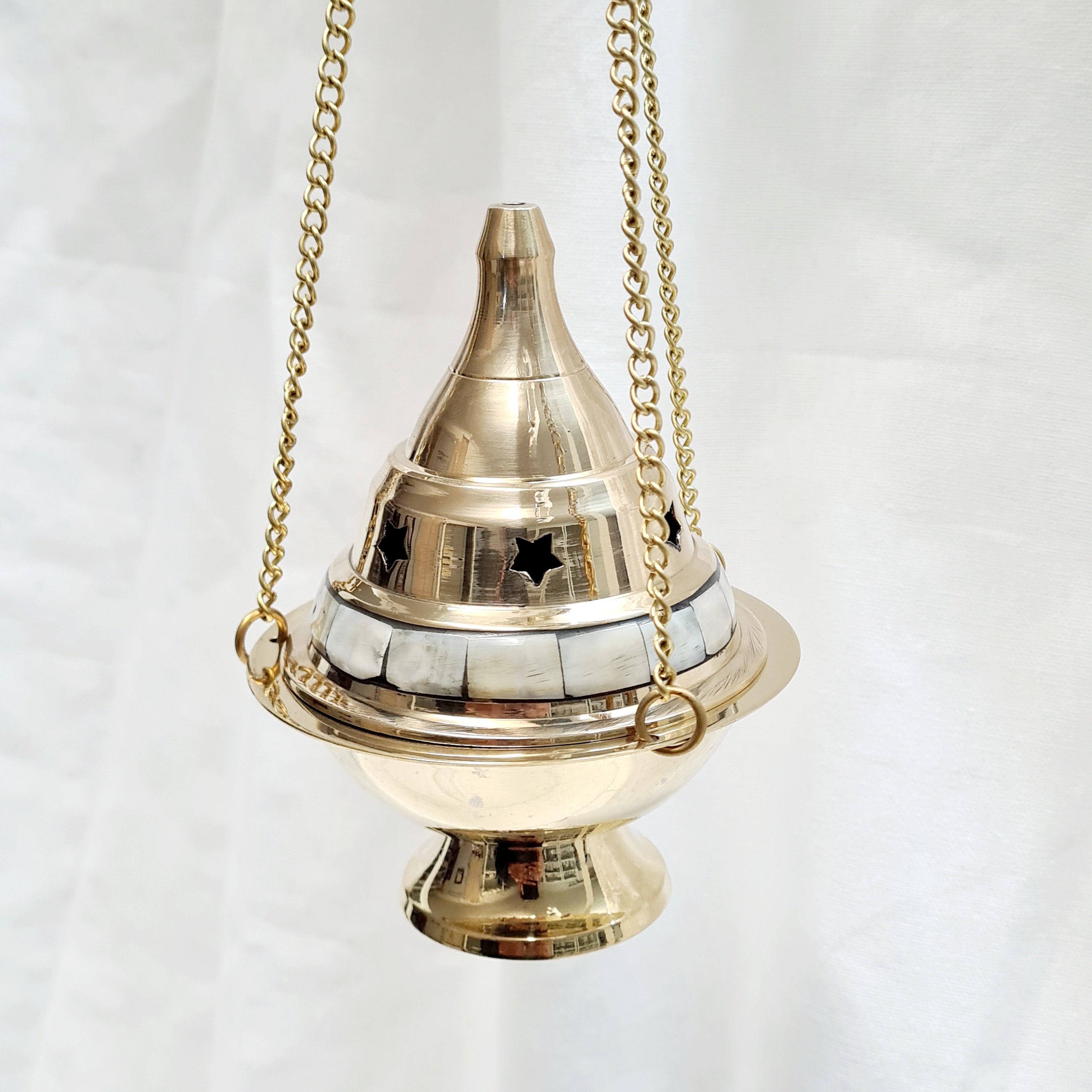 BRASS INCENSE BURNER - Hanging with Mother of Pearl
