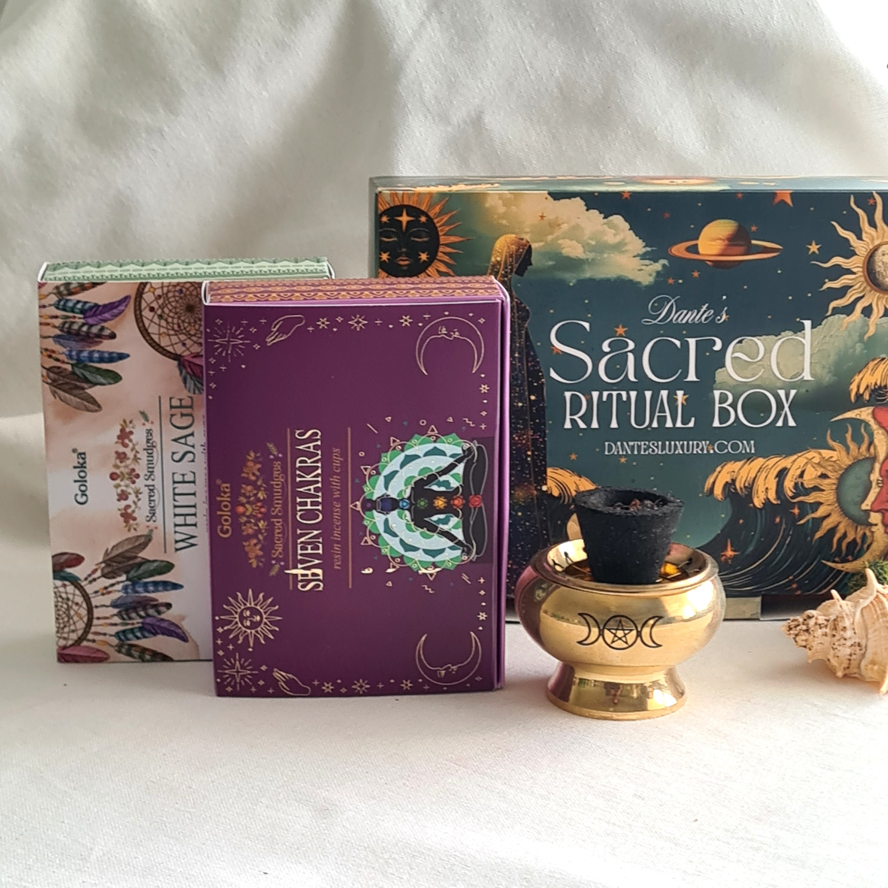 Spiritual Harmony Kit – Seven Chakra & White Sage Smudge Cups with Mini Brass Burner