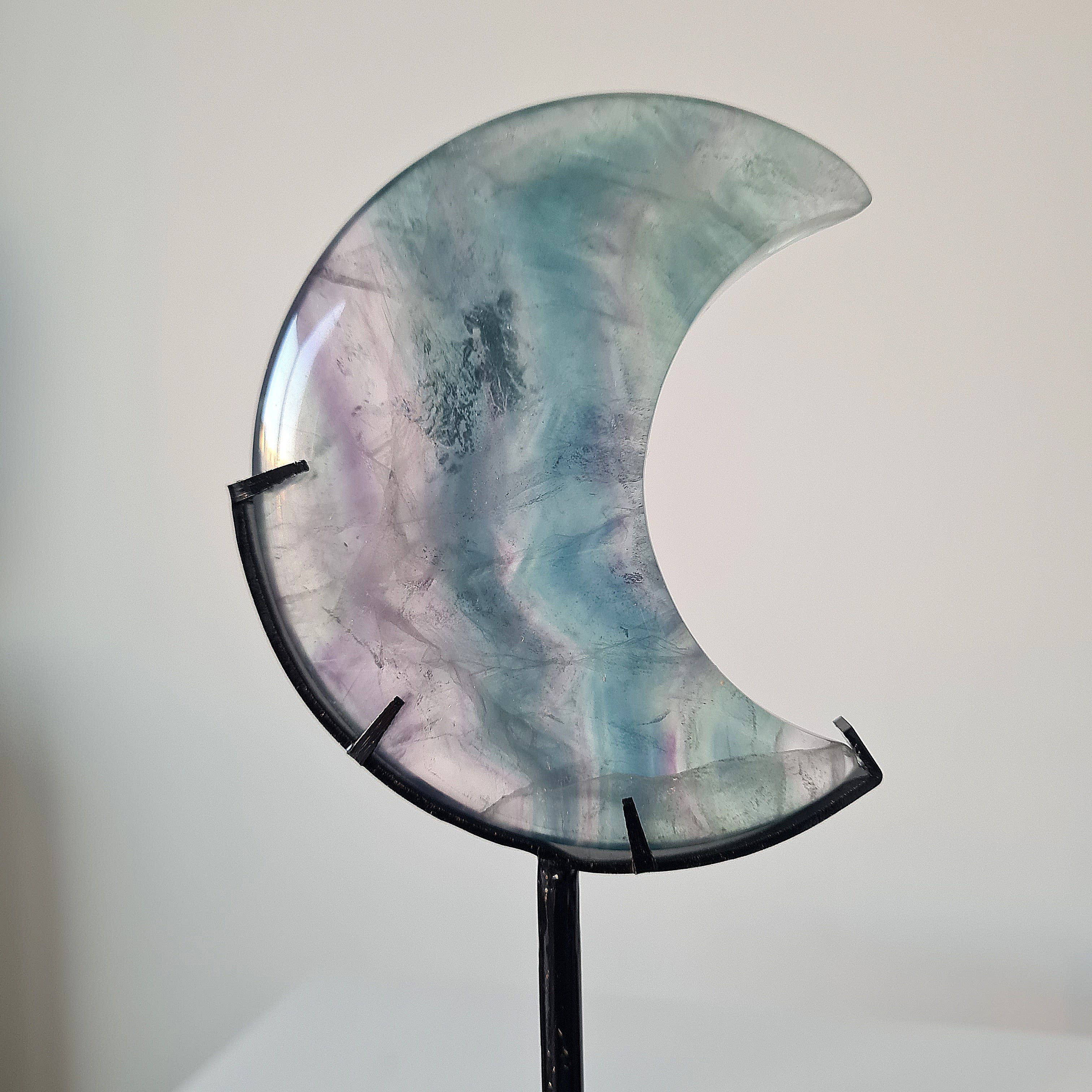 Milky Lane Fluorite Crescent Moon π Carving on Stand | B