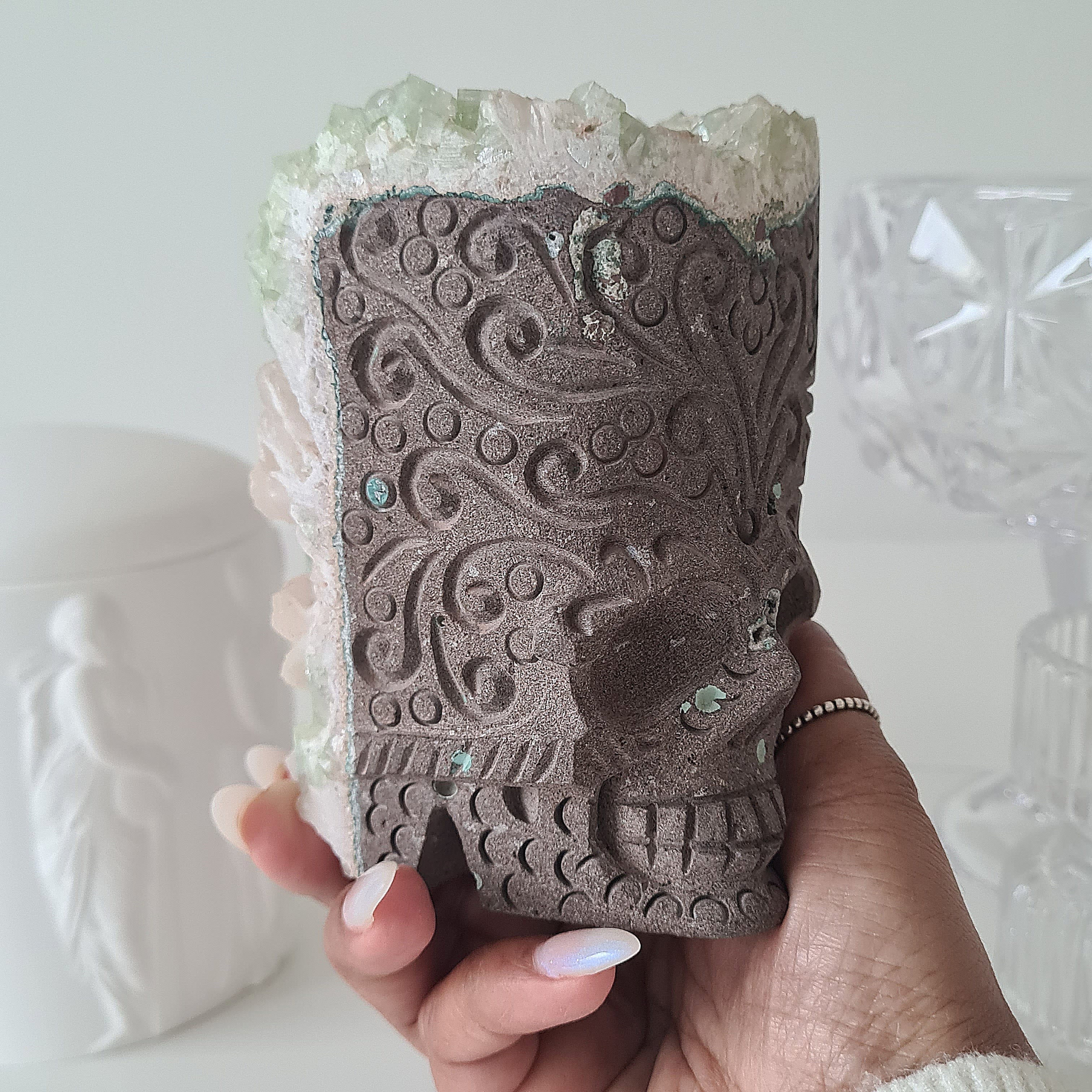 Skull Carving with Apophyllite & Stilbite inclusion