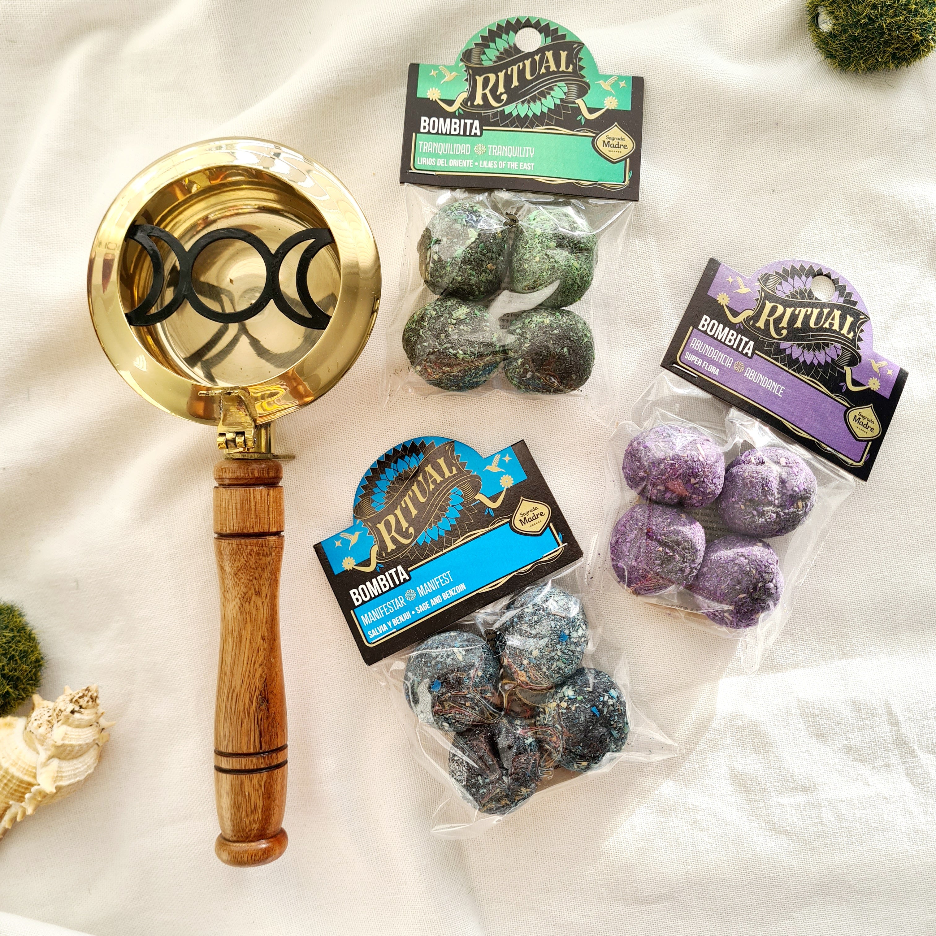 Triple Moon Ritual Kit – Brass Burner + Manifest, Abundance & Tranquility Bombita Sets