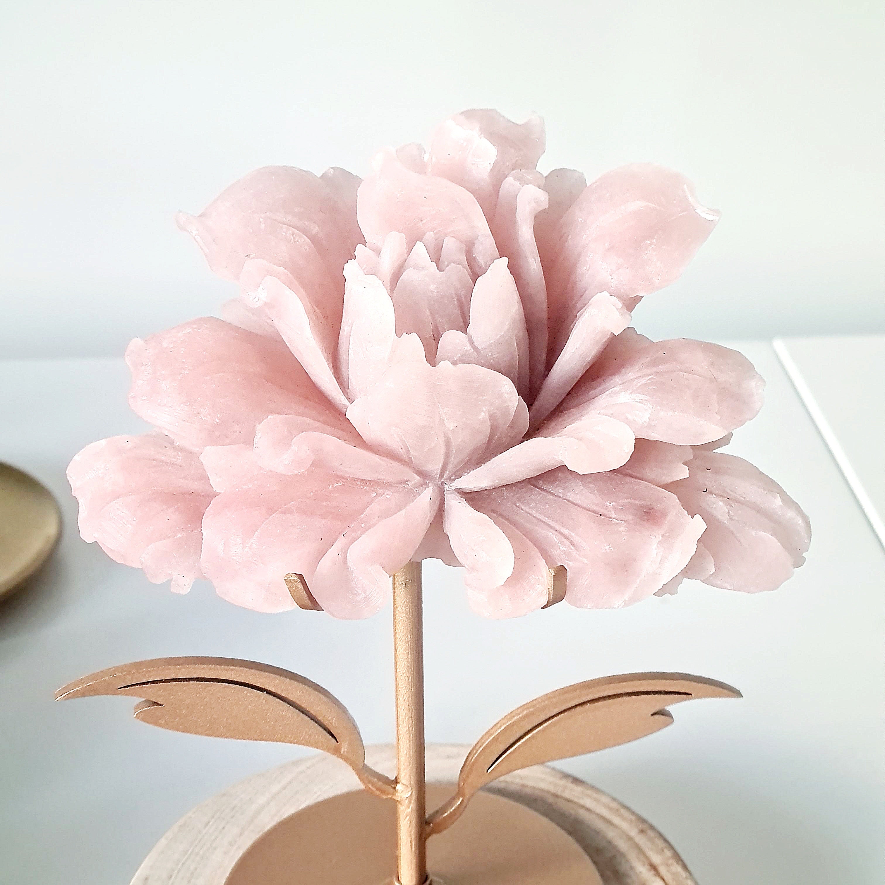 Pink Opal Crystal Flower Carving frosted finish on stand | 360 g | 12.5 cm length