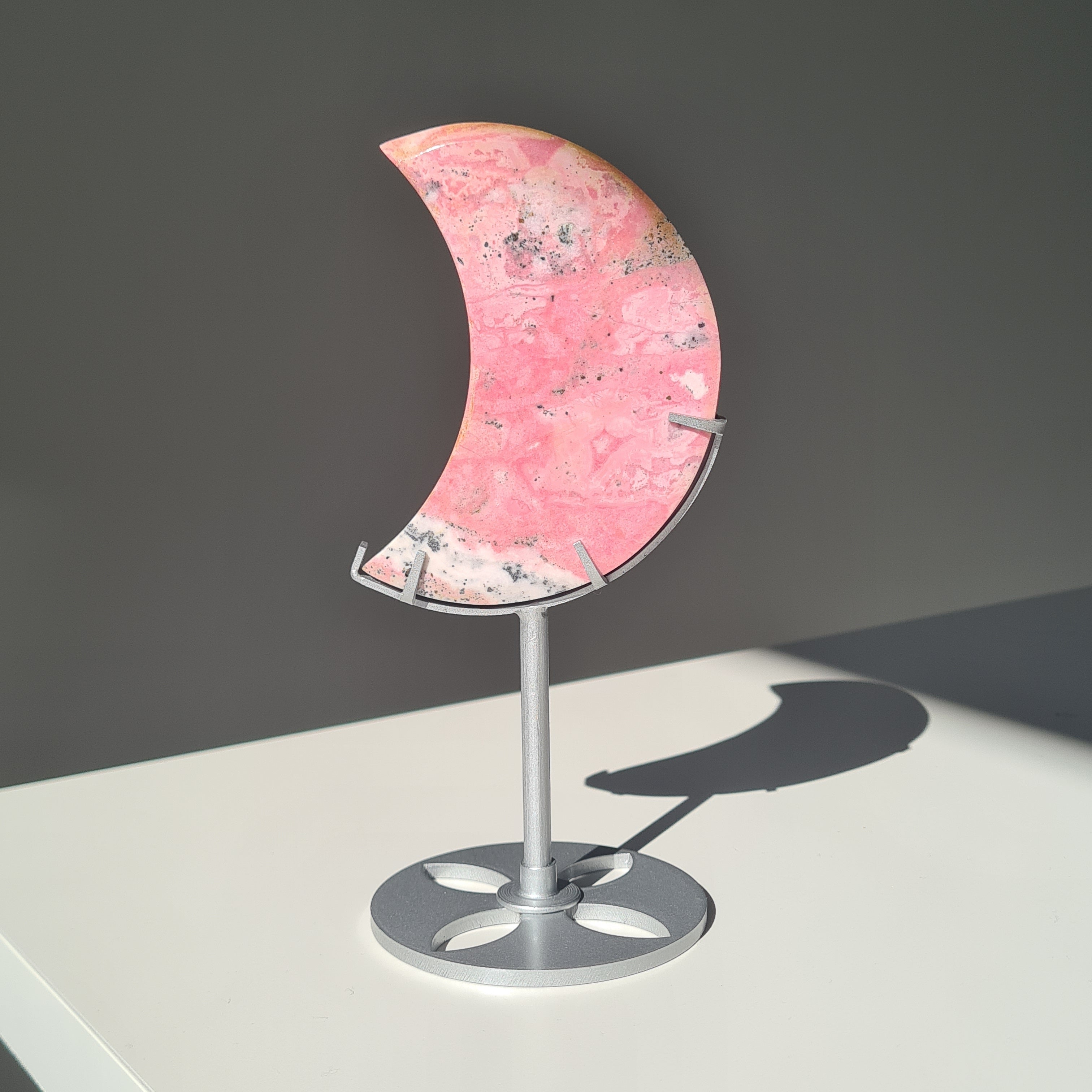 Peruvian Rhodonite Moon Carving On Stand | A | 9 cm Moon