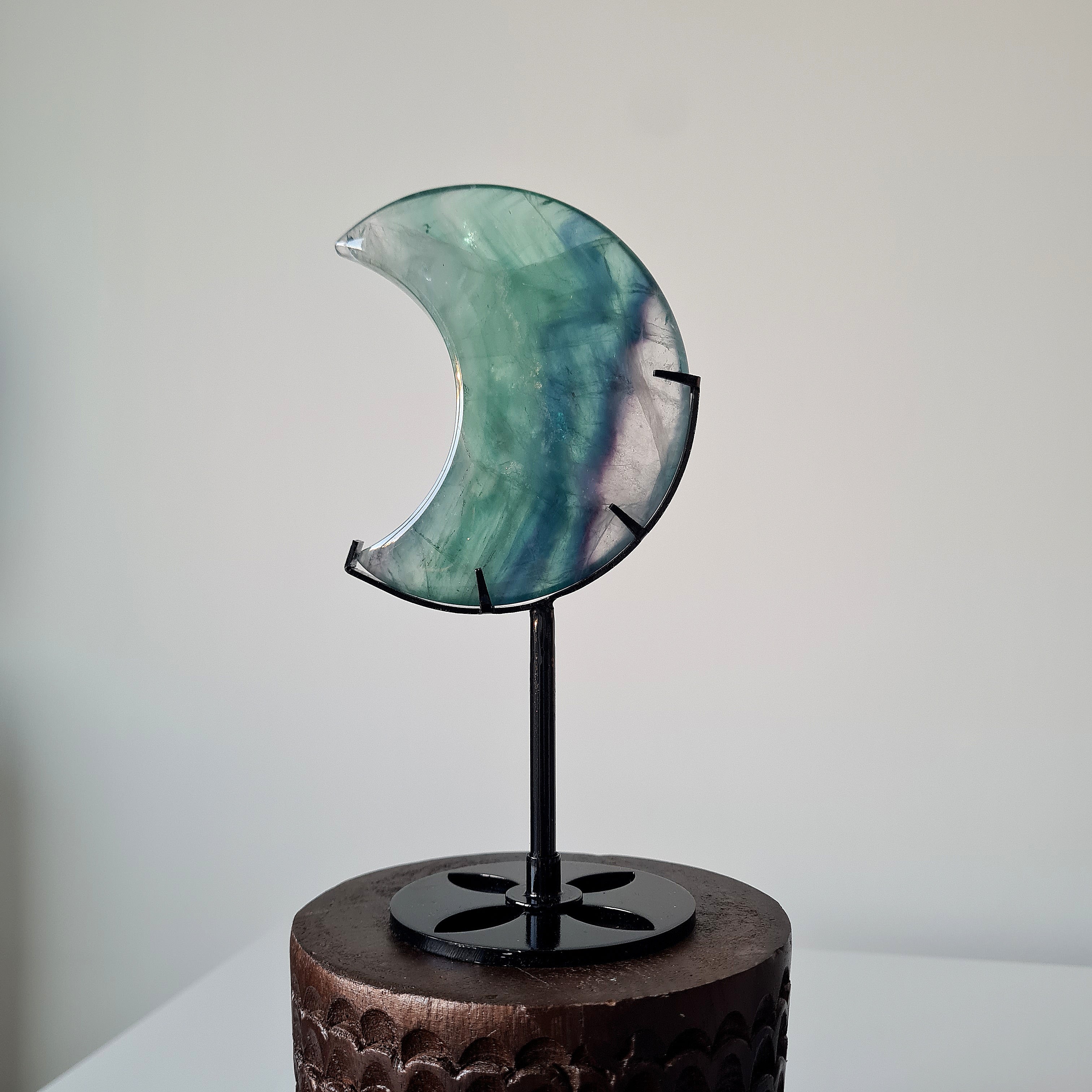 Milky Lane Fluorite Crescent Moon π Carving on Stand | D