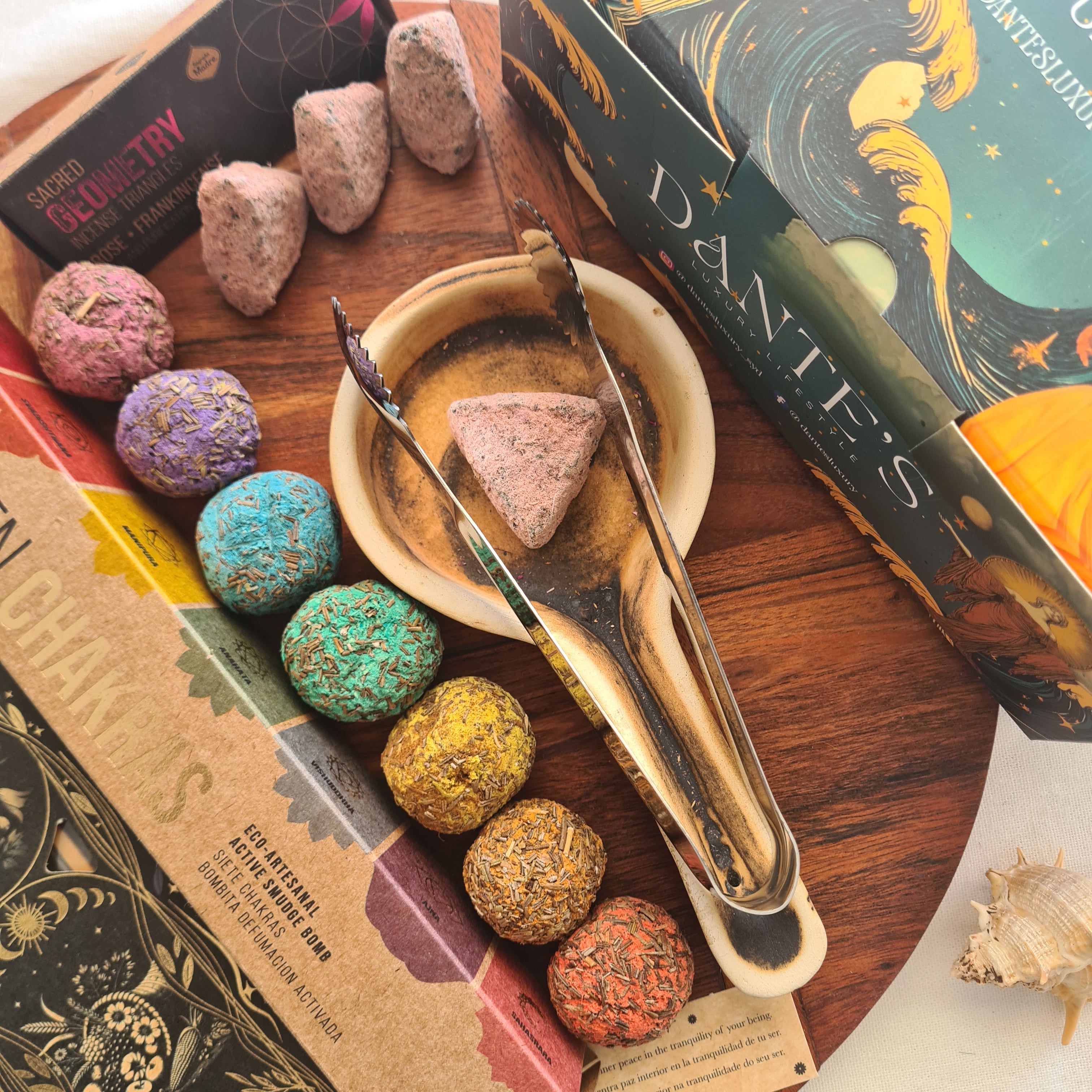 Chakra Abundance Ritual Kit – Handmade Burner, Smudge Bombs, Rose Incense Triangle, Abundance Incense & Metal Tong