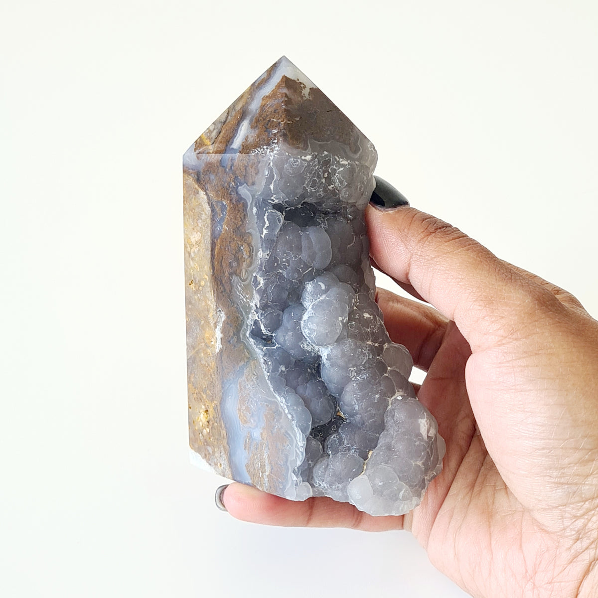Botryoidal Agate Tower with Natural Pocket & Blue-Grey Banding